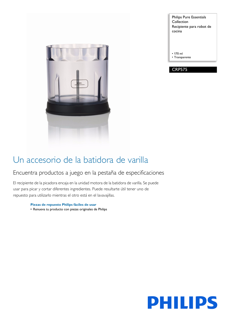 Philips Pure Essentials Collection Recipiente para robot de cocina User Manual | 2 pages