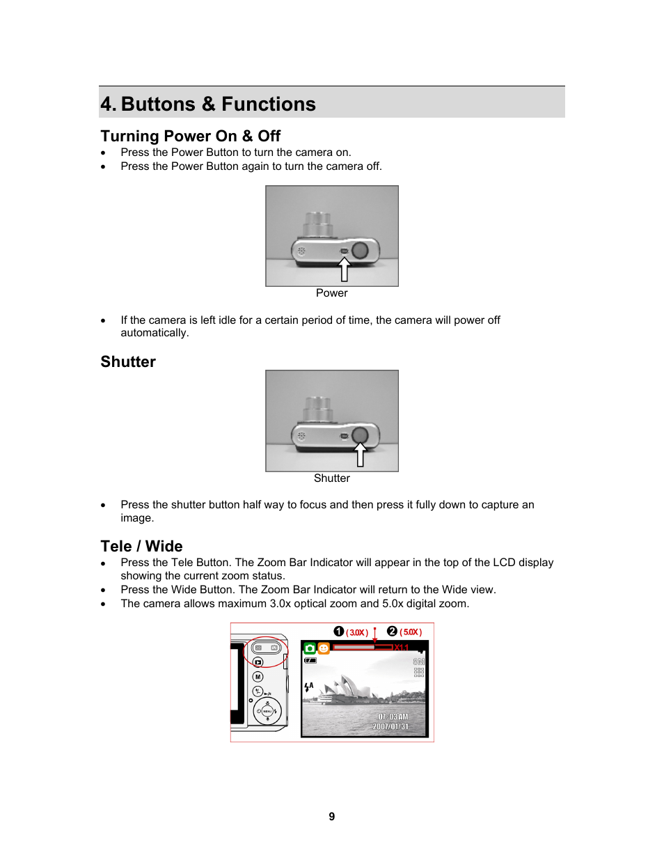 Buttons & functions, Turning power on & off, Shutter | Tele / wide | AGFA Sensor 830s User Manual | Page 10 / 31