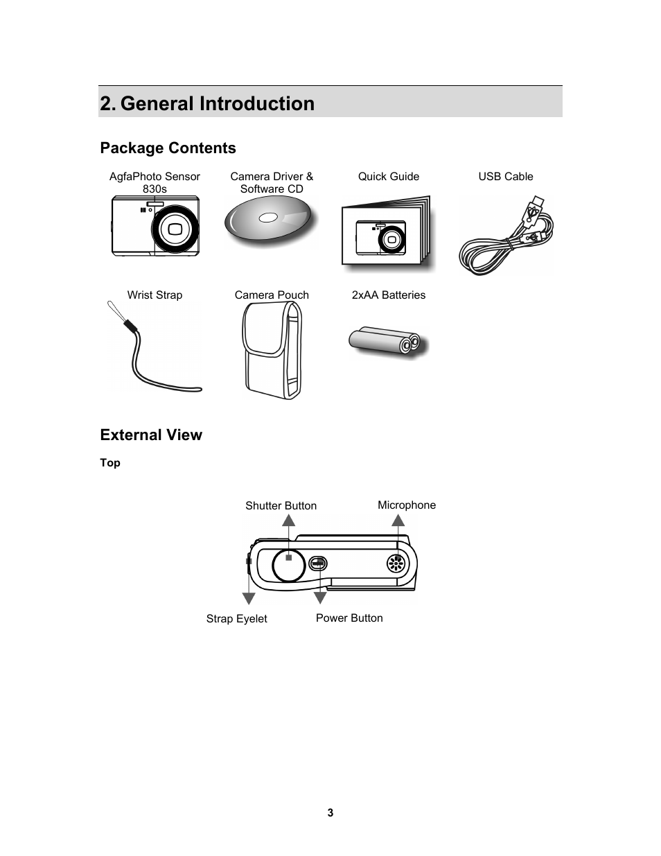 General introduction, Package contents, External view | AGFA Sensor 830s User Manual | Page 4 / 31