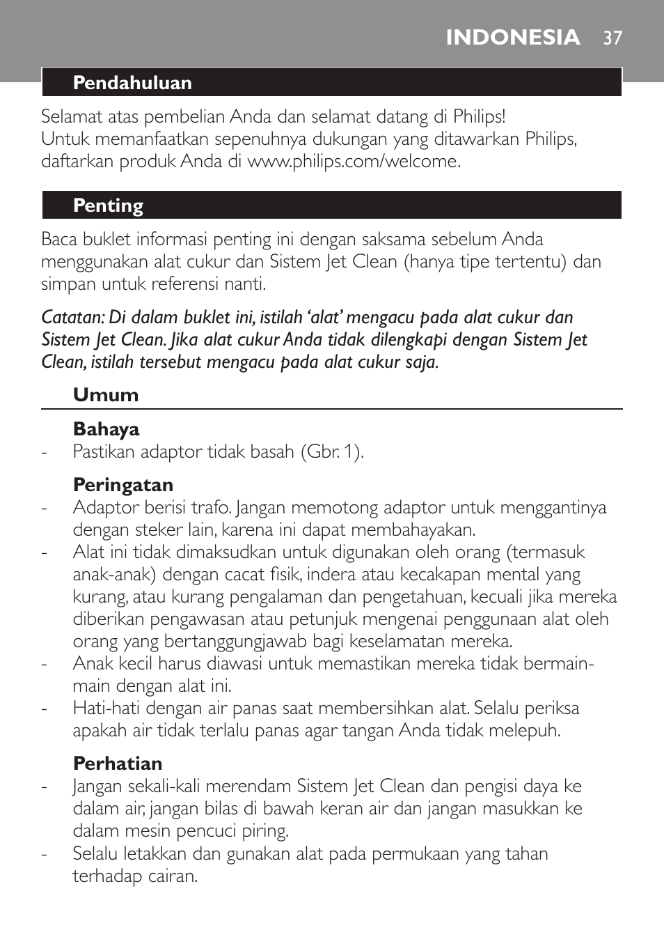 Indonesia, Indonesia 37 | Philips SHAVER Series 9000 SensoTouch afeitadora eléctrica en húmedo y seco User Manual | Page 37 / 100