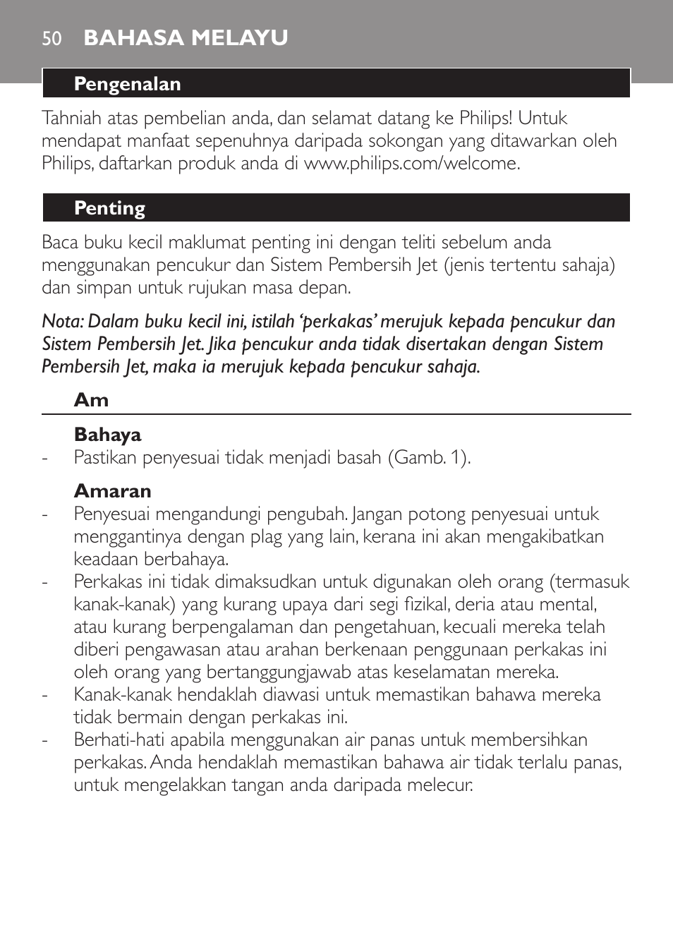 Bahasa melayu | Philips SHAVER Series 9000 SensoTouch afeitadora eléctrica en húmedo y seco User Manual | Page 50 / 100