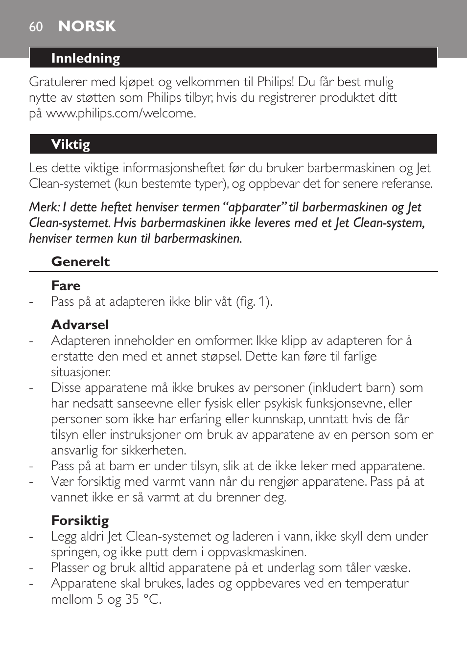 Norsk, Norsk 60 | Philips SHAVER Series 9000 SensoTouch afeitadora eléctrica en húmedo y seco User Manual | Page 60 / 100