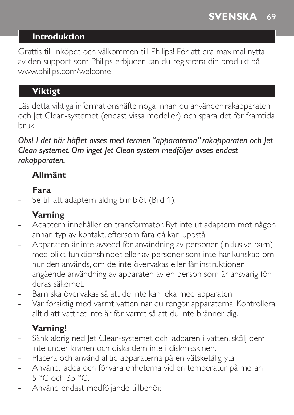 Svenska, Svenska 69 | Philips SHAVER Series 9000 SensoTouch afeitadora eléctrica en húmedo y seco User Manual | Page 69 / 100