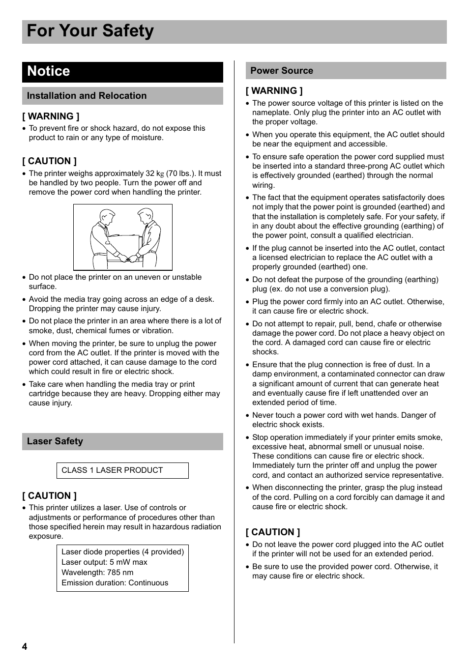 For your safety, Notice, Installation and relocation | Laser safety, Power source | AGFA ePhoto CL18 User Manual | Page 4 / 24