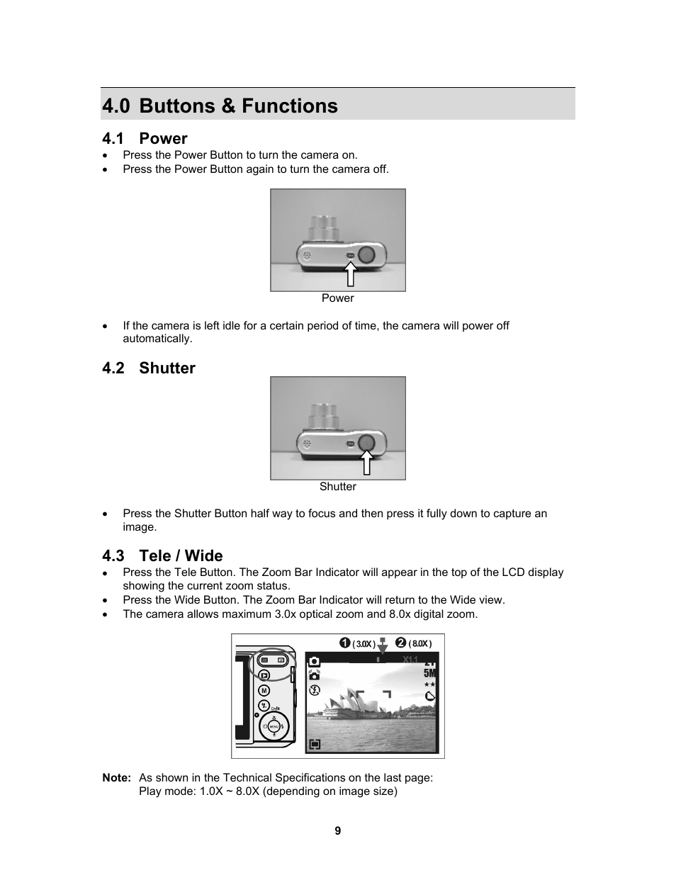 0 buttons & functions, 1 power, 2 shutter | 3 tele / wide | AGFA 530s User Manual | Page 10 / 31