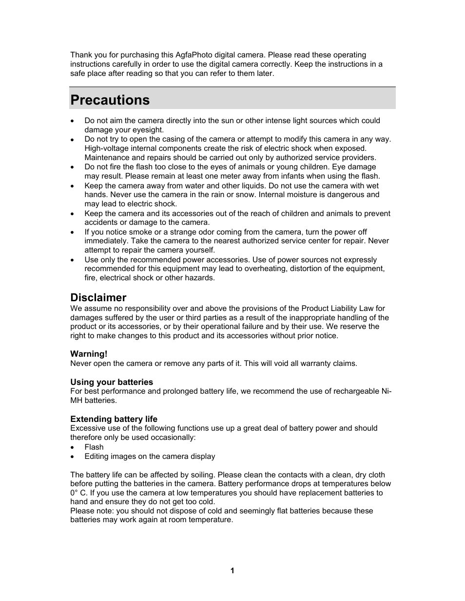 Precautions, Disclaimer | AGFA 530s User Manual | Page 2 / 31
