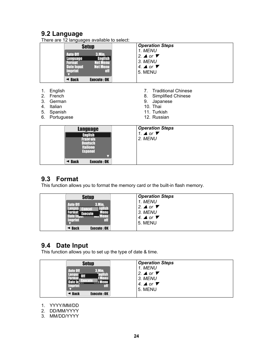 2 language, 3 format, 4 date input | AGFA 530s User Manual | Page 25 / 31