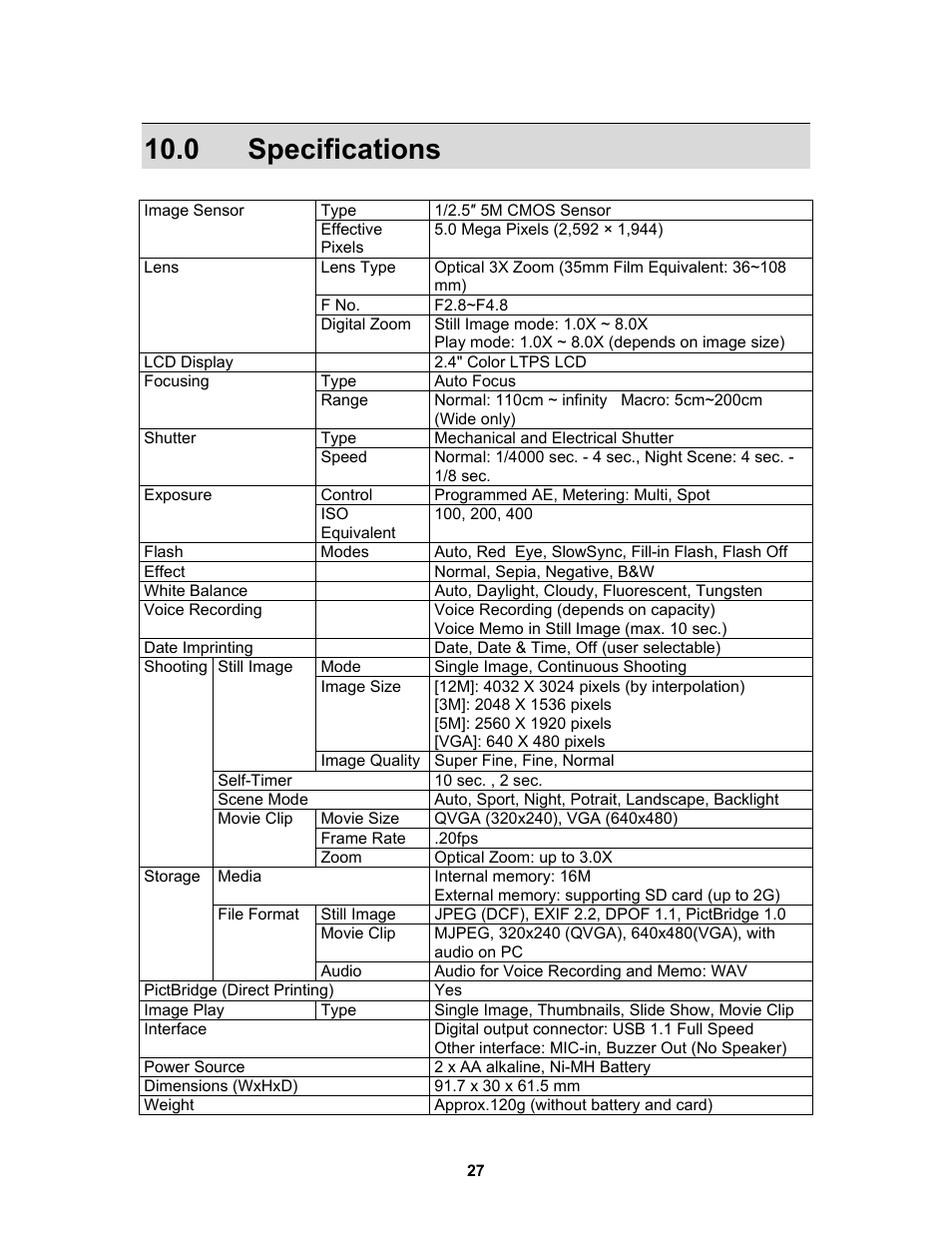 0 specifications | AGFA 530s User Manual | Page 28 / 31