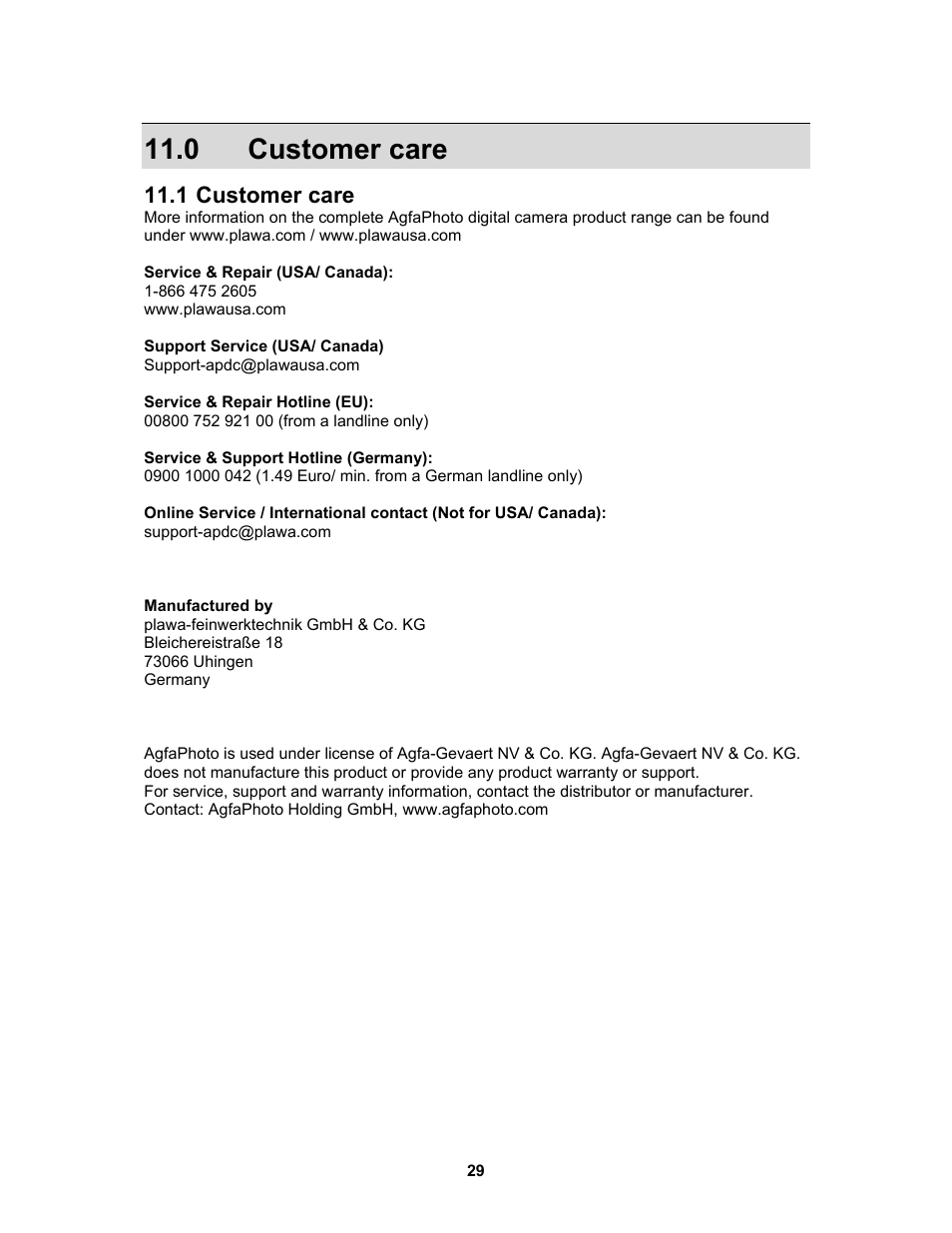 0 customer care | AGFA 530s User Manual | Page 30 / 31