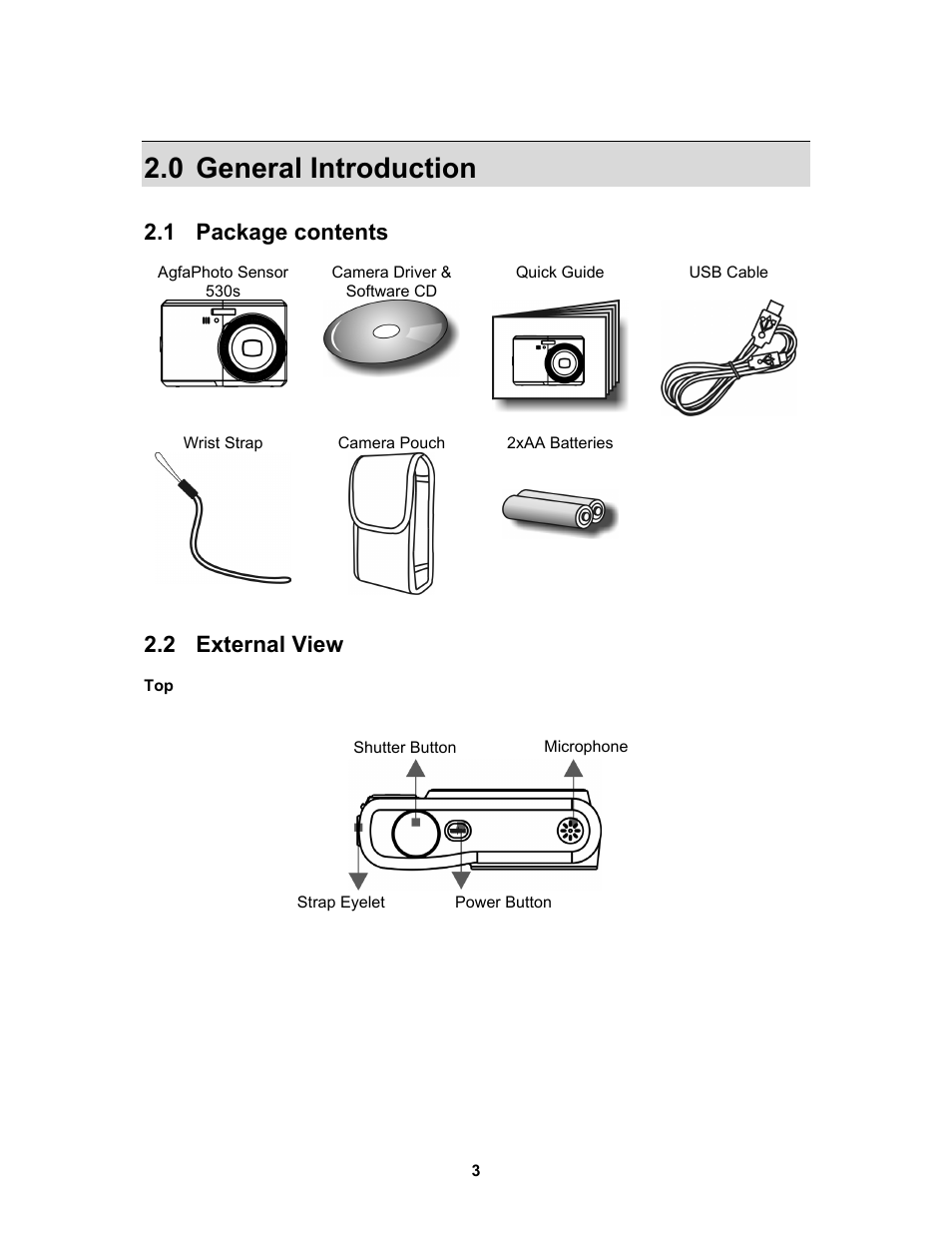 0 general introduction, 1 package contents, 2 external view | AGFA 530s User Manual | Page 4 / 31