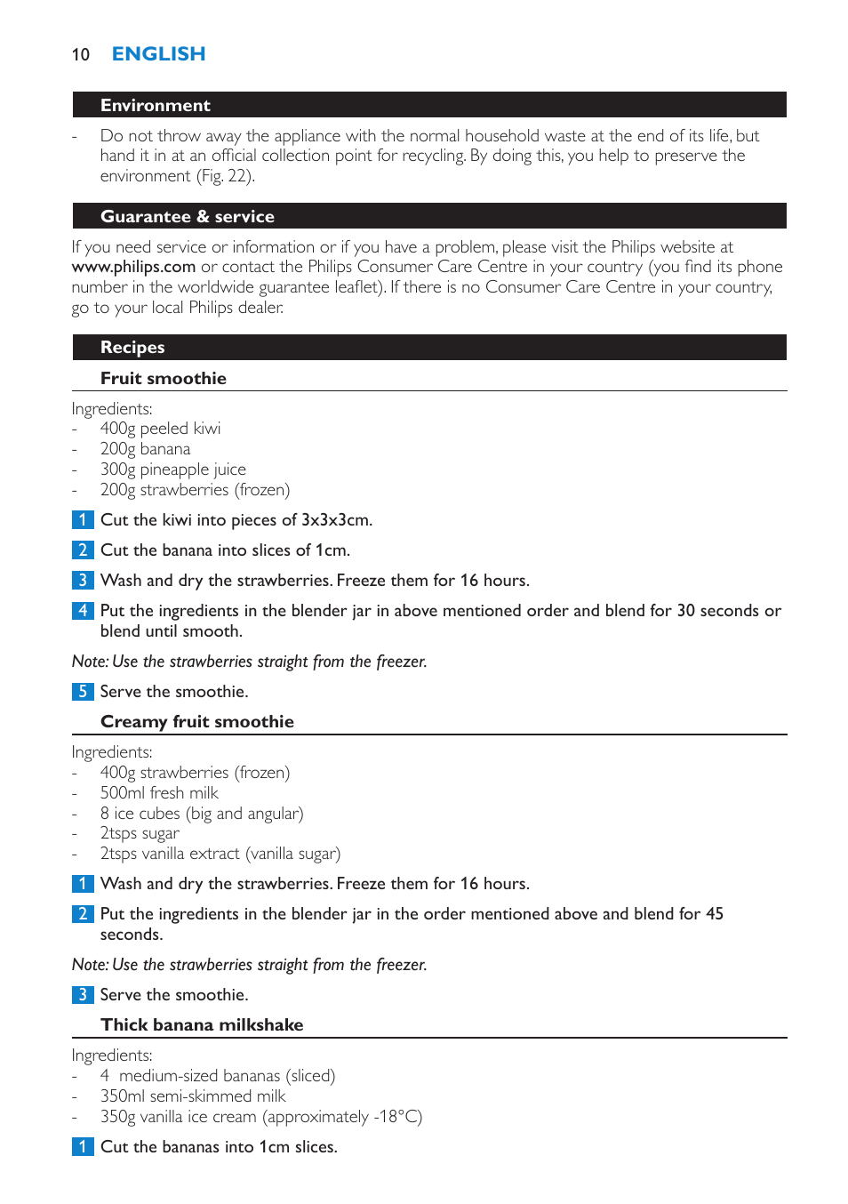 Environment, Guarantee & service, Recipes | Fruit smoothie, Creamy fruit smoothie, Thick banana milkshake | Philips Batidora User Manual | Page 10 / 100