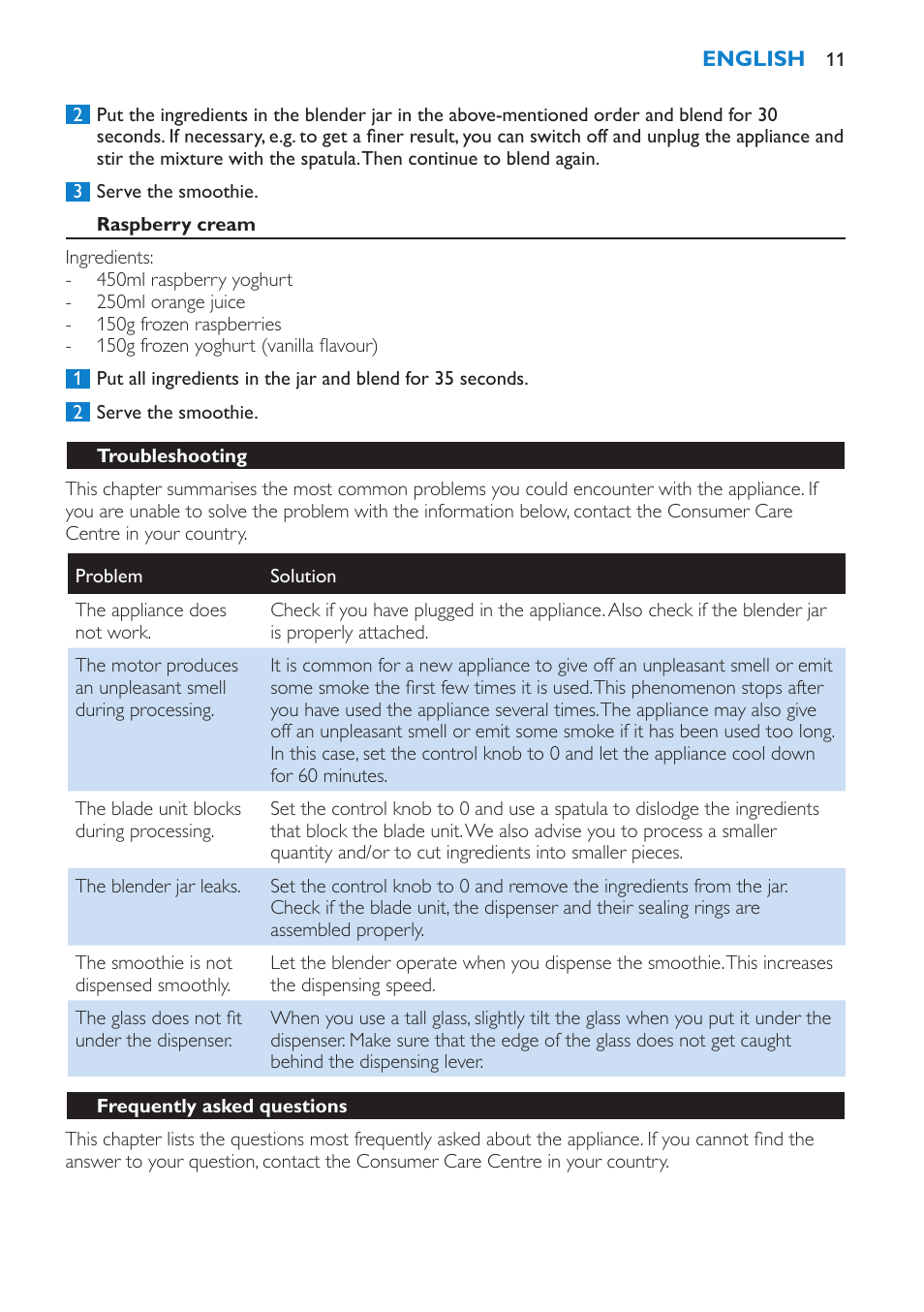 Raspberry cream, Troubleshooting, Frequently asked questions | Philips Batidora User Manual | Page 11 / 100