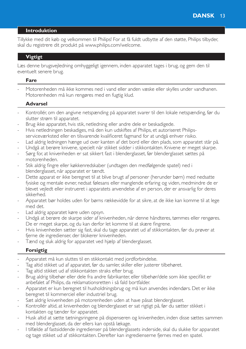 Dansk, Introduktion, Vigtigt | Fare, Advarsel, Forsigtig | Philips Batidora User Manual | Page 13 / 100