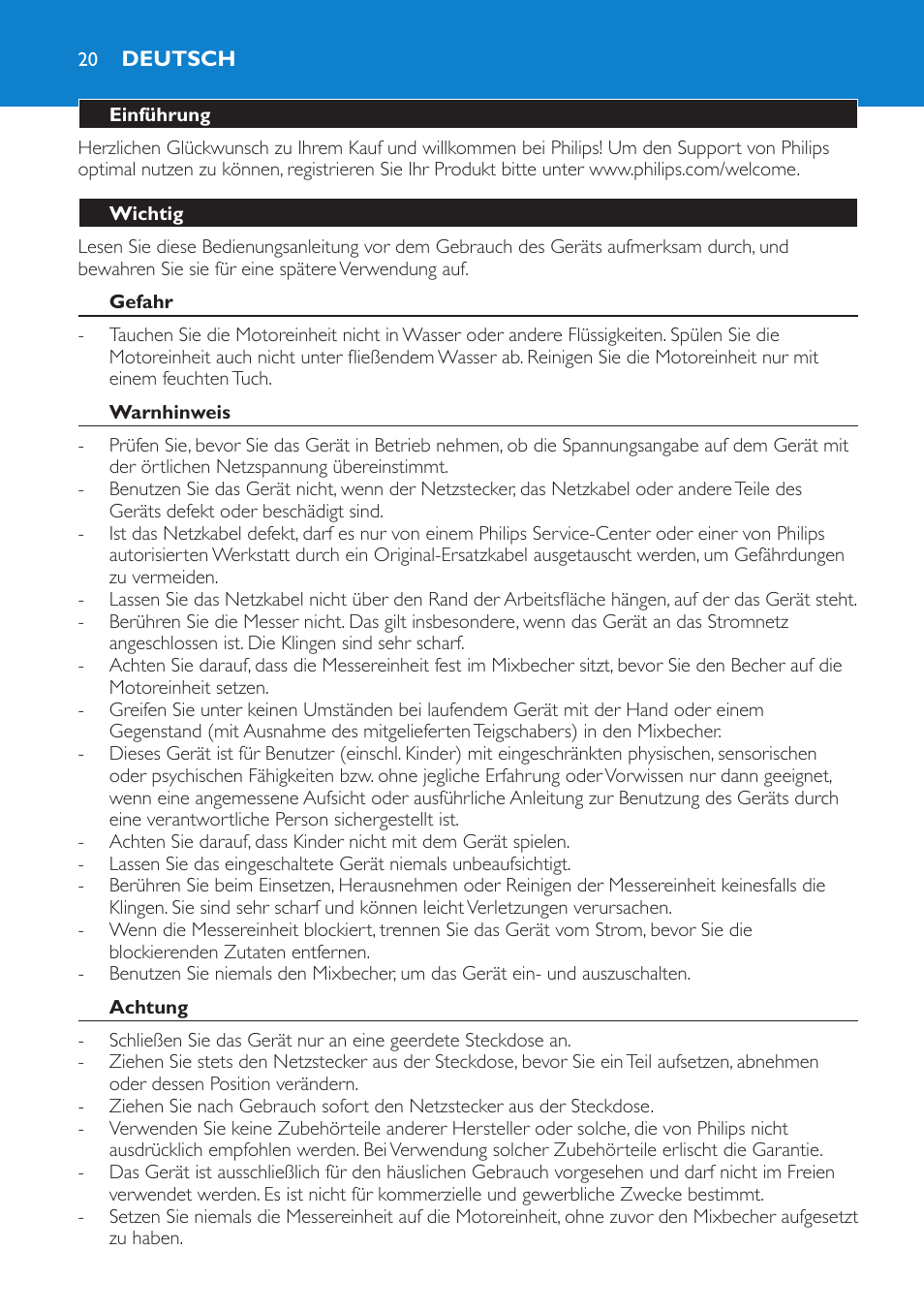 Deutsch, Einführung, Wichtig | Gefahr, Warnhinweis, Achtung | Philips Batidora User Manual | Page 20 / 100