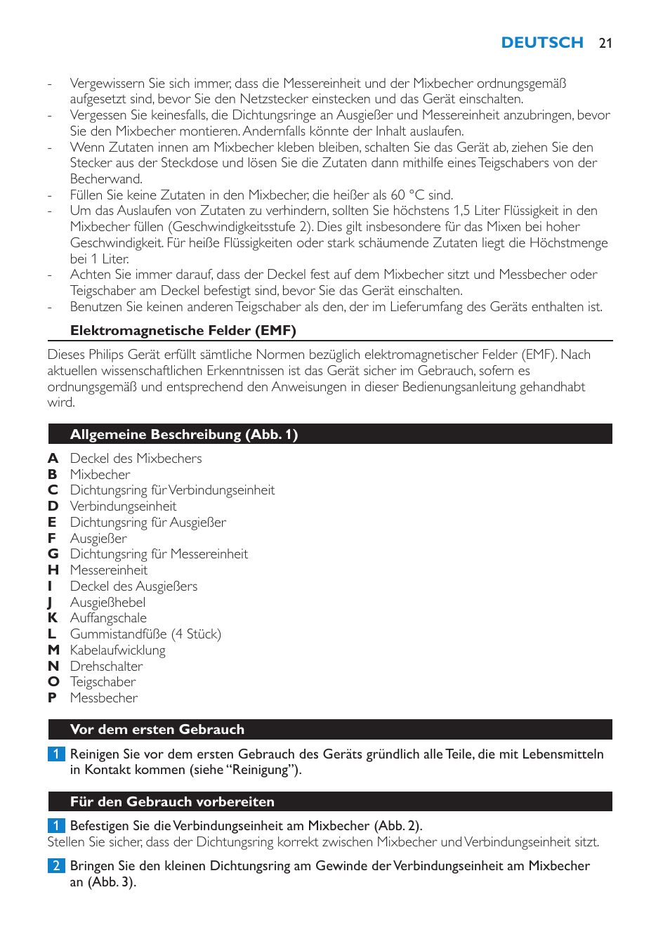 Elektromagnetische felder (emf), Allgemeine beschreibung (abb. 1), Vor dem ersten gebrauch | Für den gebrauch vorbereiten | Philips Batidora User Manual | Page 21 / 100