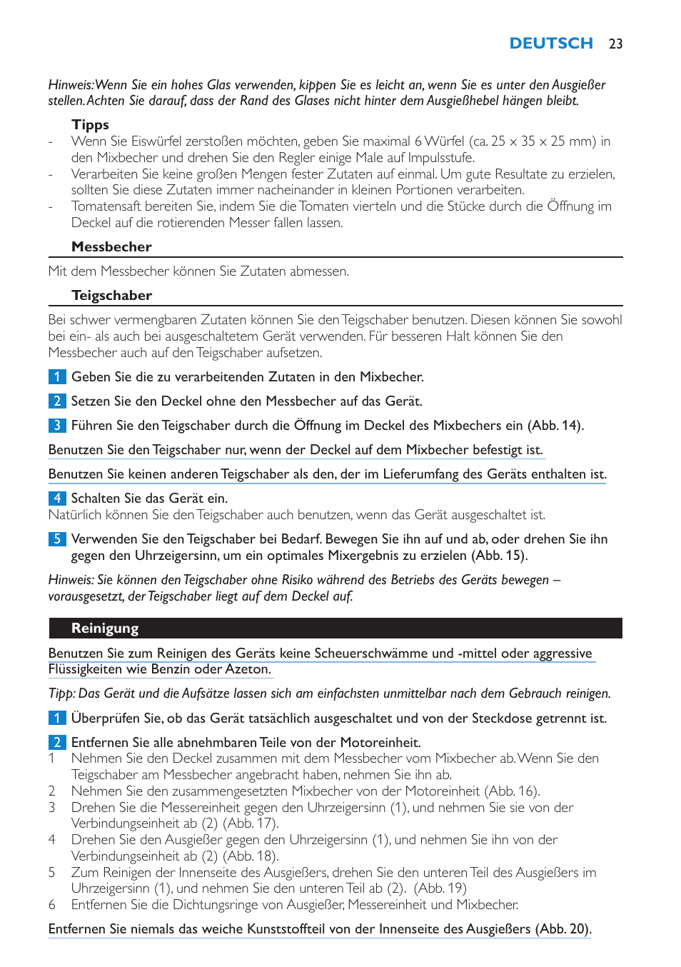 Tipps, Messbecher, Teigschaber | Reinigung | Philips Batidora User Manual | Page 23 / 100