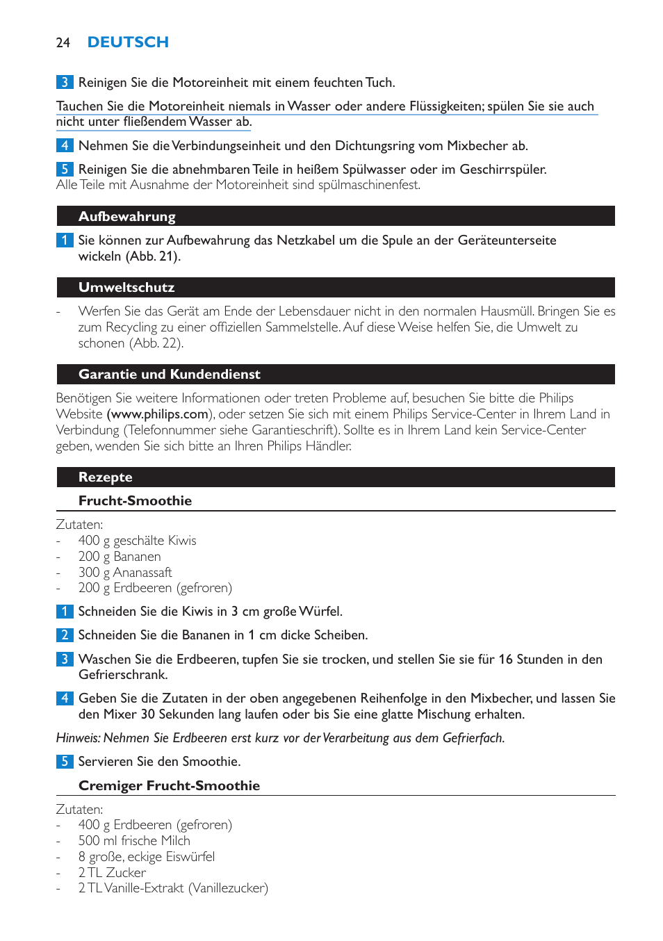 Aufbewahrung, Umweltschutz, Garantie und kundendienst | Rezepte, Frucht-smoothie, Cremiger frucht-smoothie | Philips Batidora User Manual | Page 24 / 100