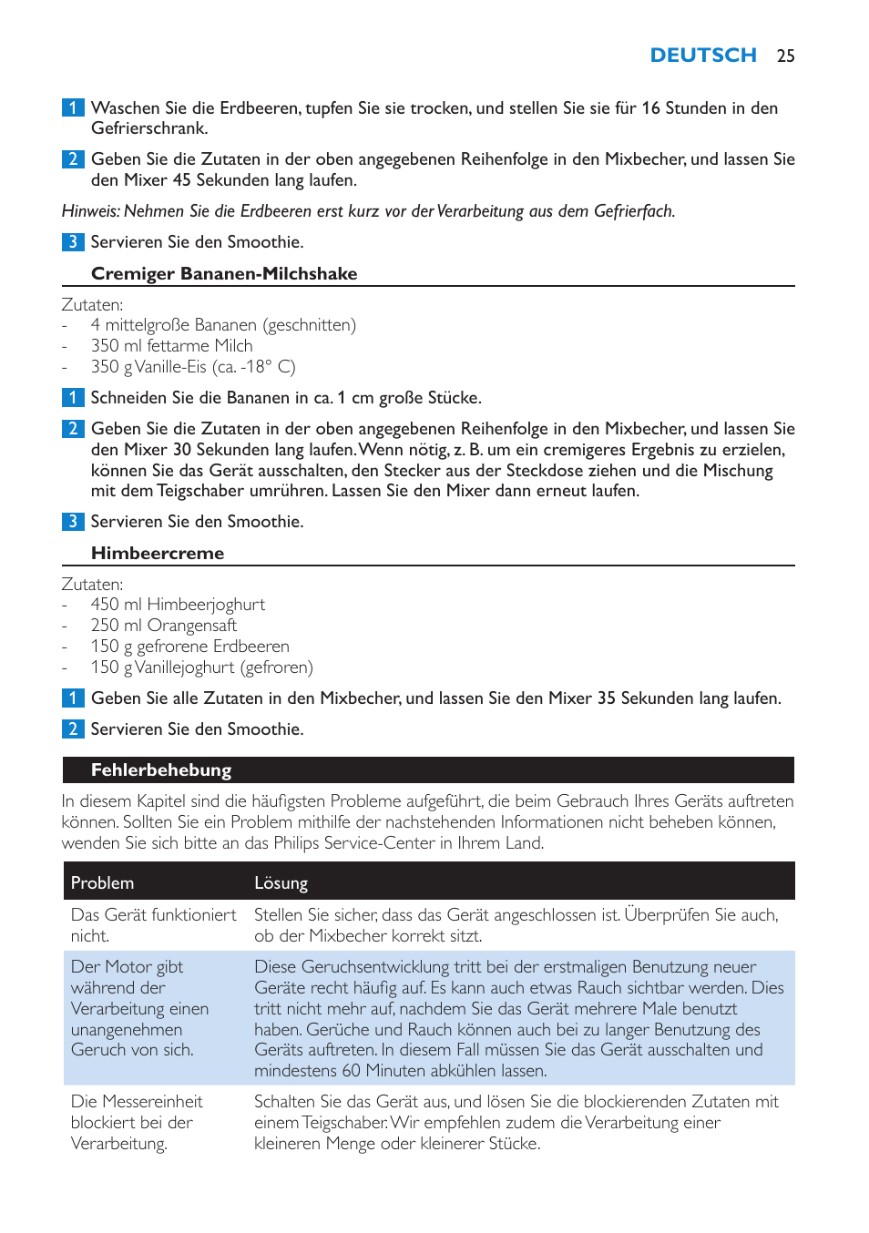 Cremiger bananen-milchshake, Himbeercreme, Fehlerbehebung | Philips Batidora User Manual | Page 25 / 100