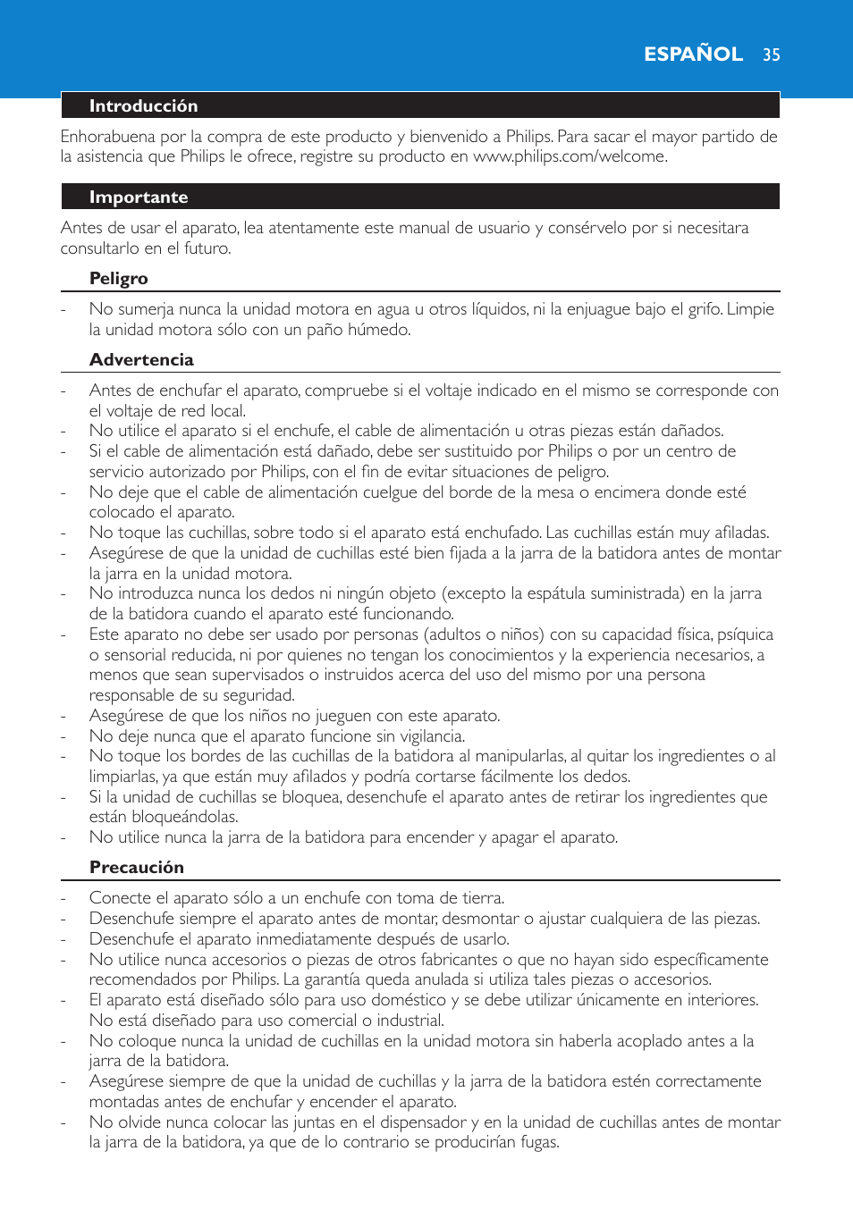 Español, Introducción, Importante | Peligro, Advertencia, Precaución | Philips Batidora User Manual | Page 35 / 100