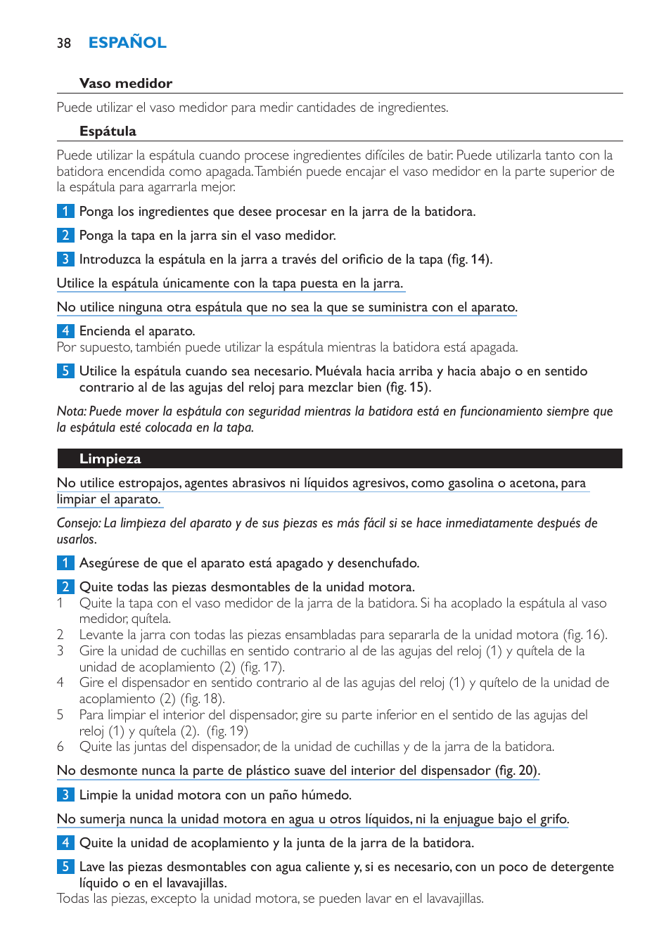 Espátula, Limpieza | Philips Batidora User Manual | Page 38 / 100