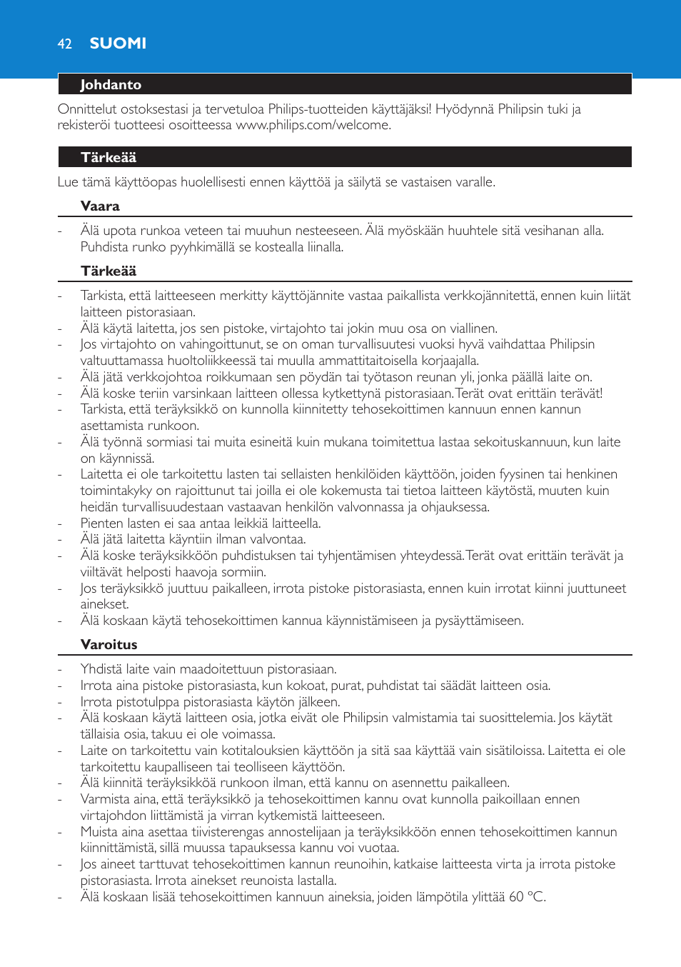 Suomi, Johdanto, Tärkeää | Vaara, Varoitus | Philips Batidora User Manual | Page 42 / 100