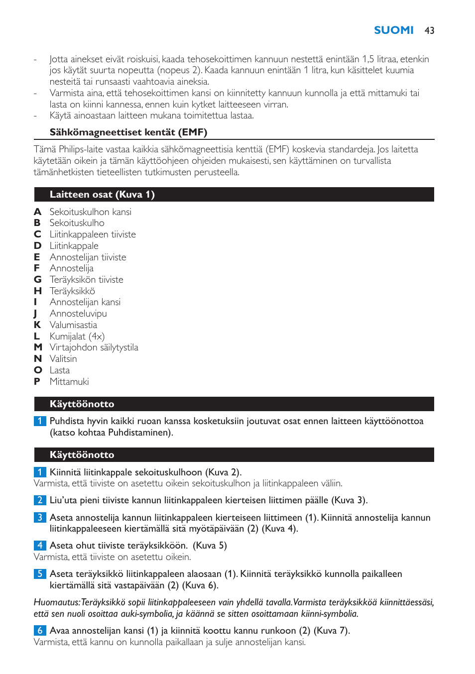 Sähkömagneettiset kentät (emf), Laitteen osat (kuva 1), Käyttöönotto | Philips Batidora User Manual | Page 43 / 100