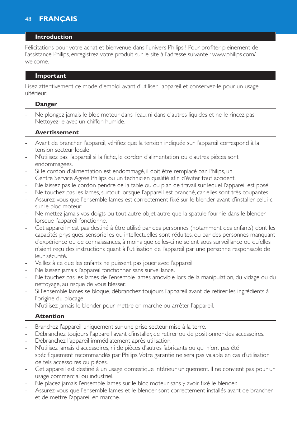 Français, Introduction, Important | Danger, Avertissement, Attention | Philips Batidora User Manual | Page 48 / 100