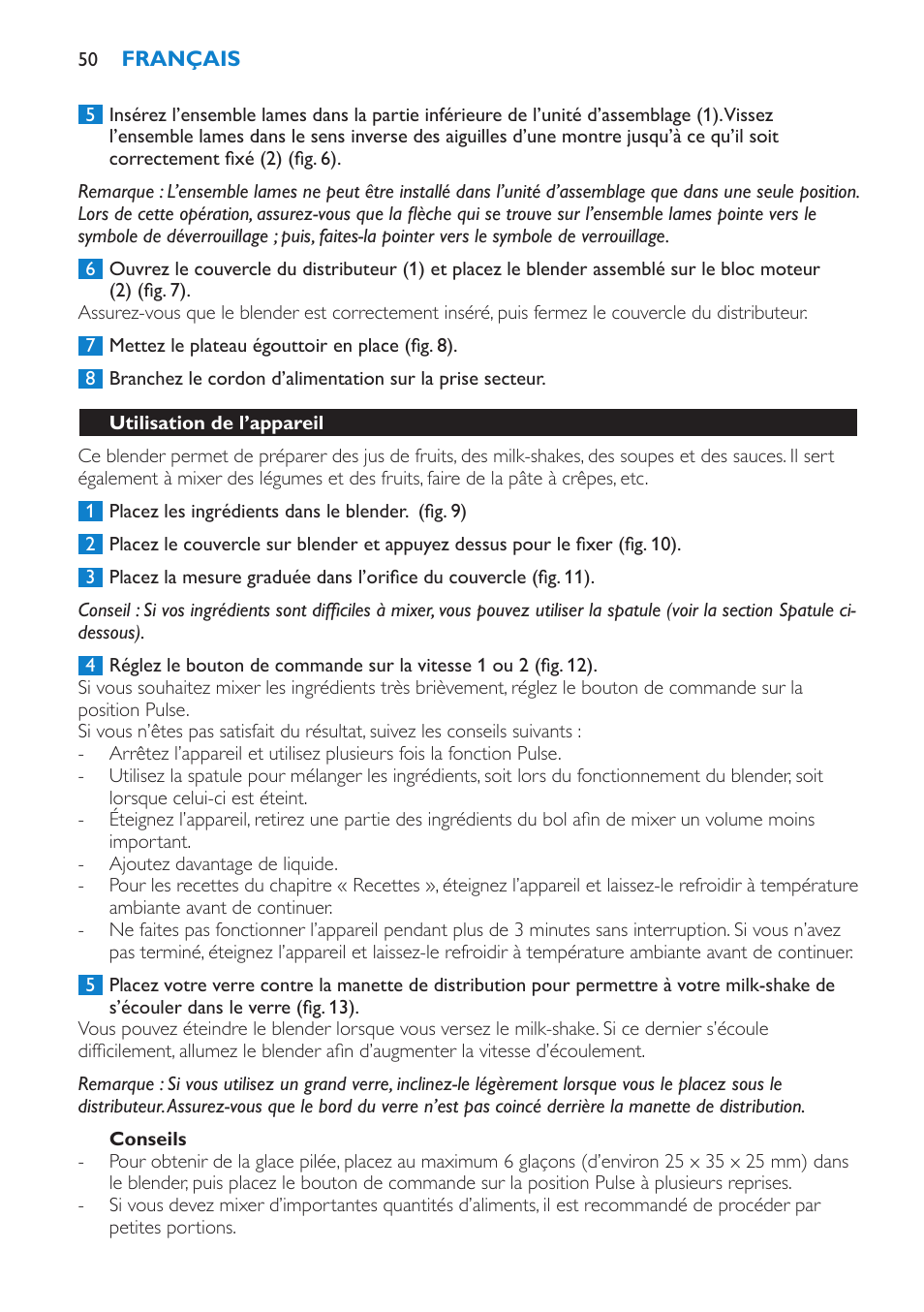 Conseils, Utilisation de l’appareil | Philips Batidora User Manual | Page 50 / 100