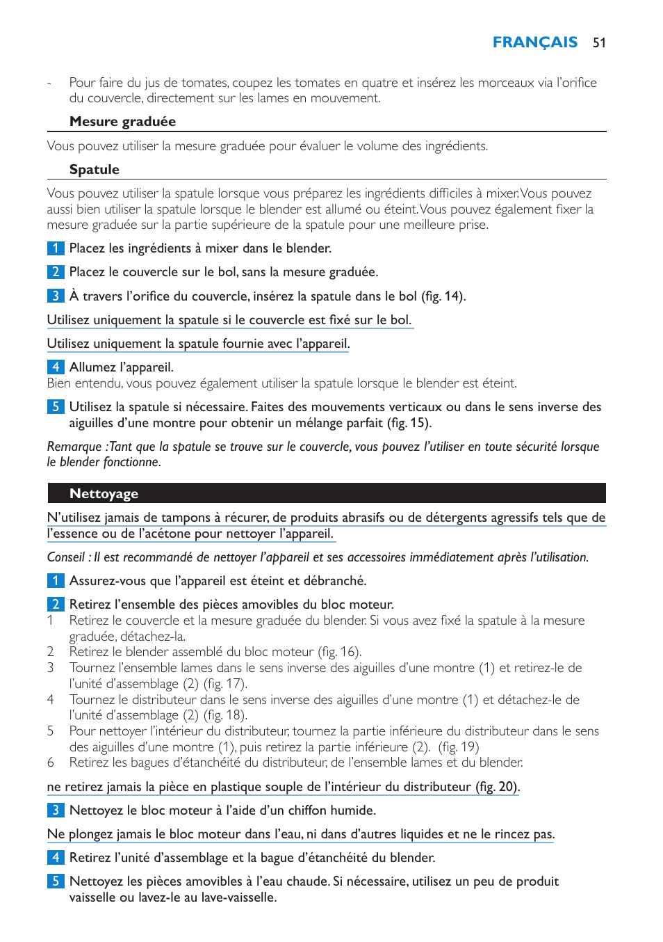 Mesure graduée, Spatule, Nettoyage | Philips Batidora User Manual | Page 51 / 100