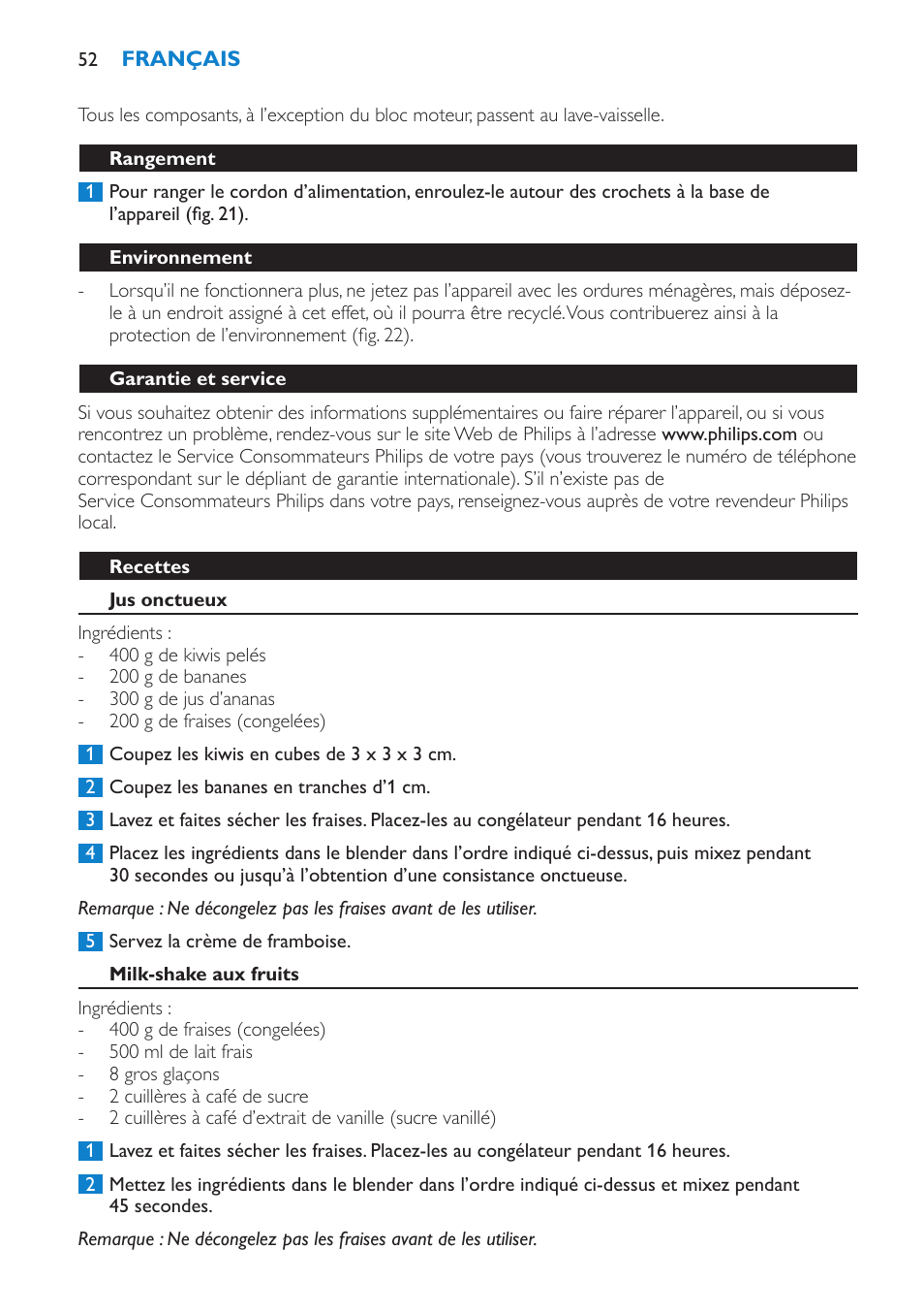 Rangement, Environnement, Garantie et service | Recettes, Jus onctueux, Milk-shake aux fruits | Philips Batidora User Manual | Page 52 / 100