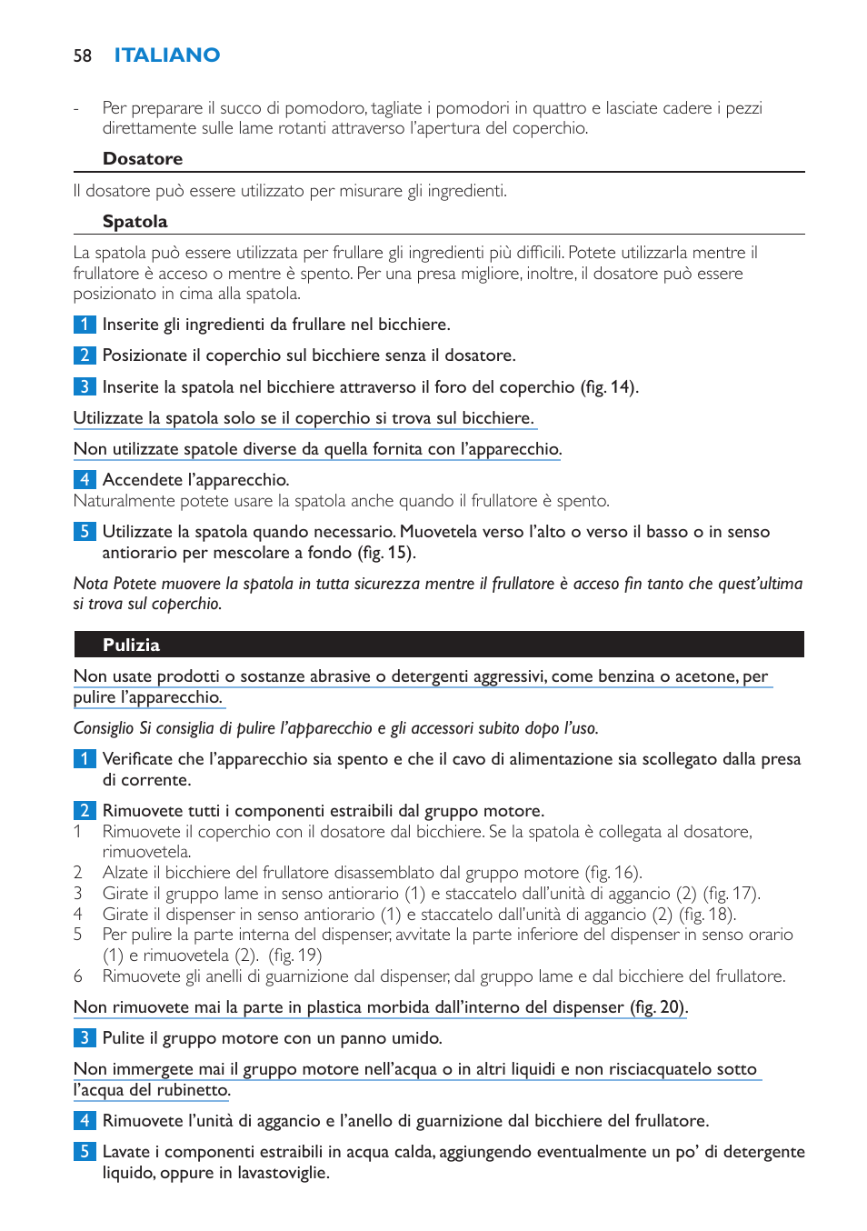 Dosatore, Spatola, Pulizia | Philips Batidora User Manual | Page 58 / 100