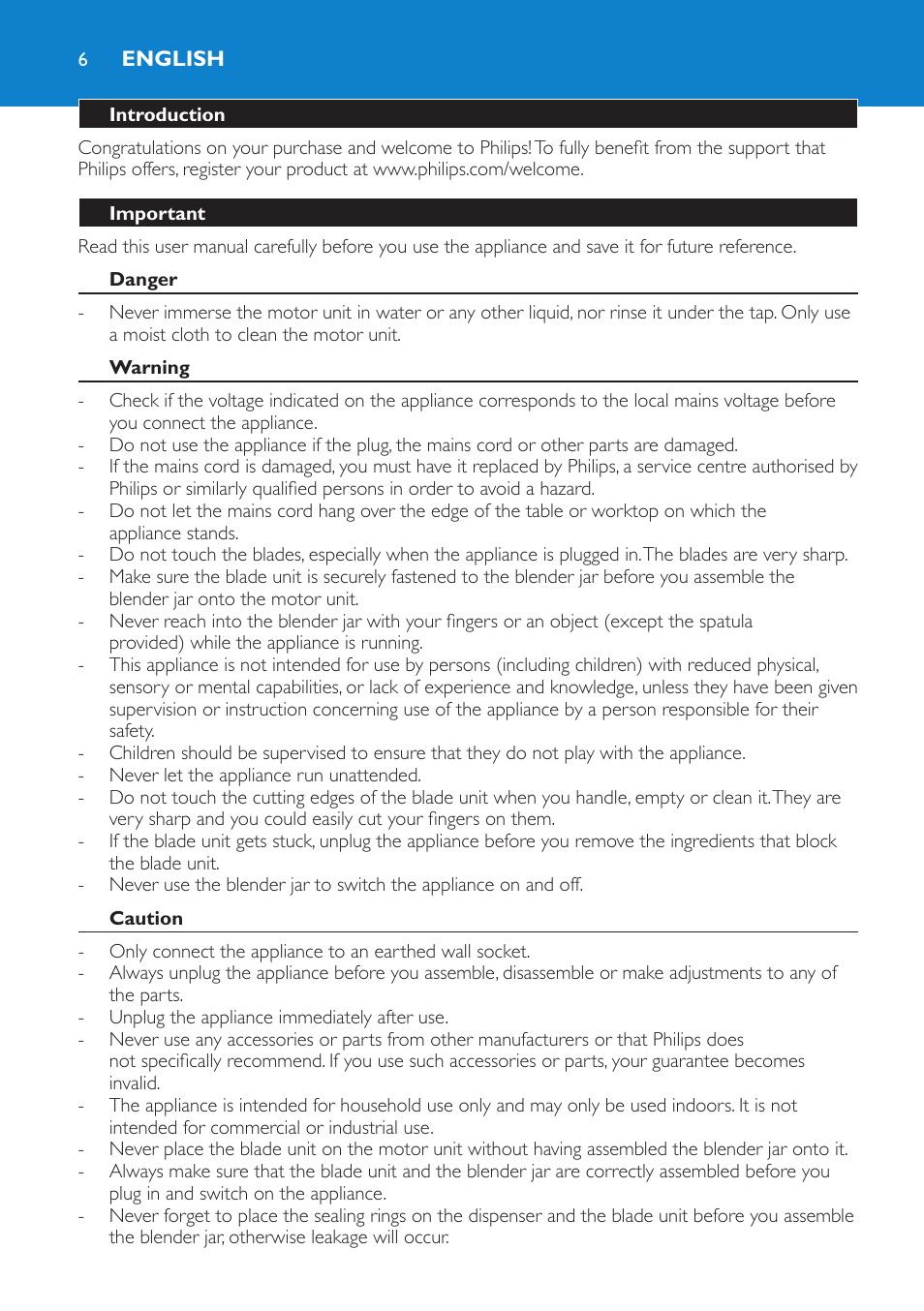 English, Introduction, Important | Danger, Warning, Caution | Philips Batidora User Manual | Page 6 / 100