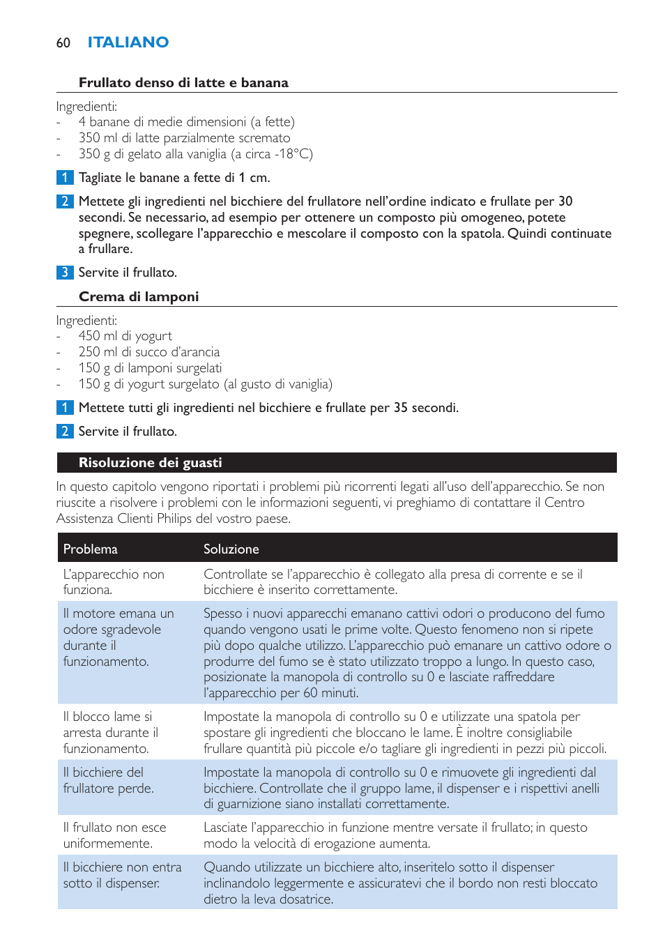 Crema di lamponi, Risoluzione dei guasti | Philips Batidora User Manual | Page 60 / 100