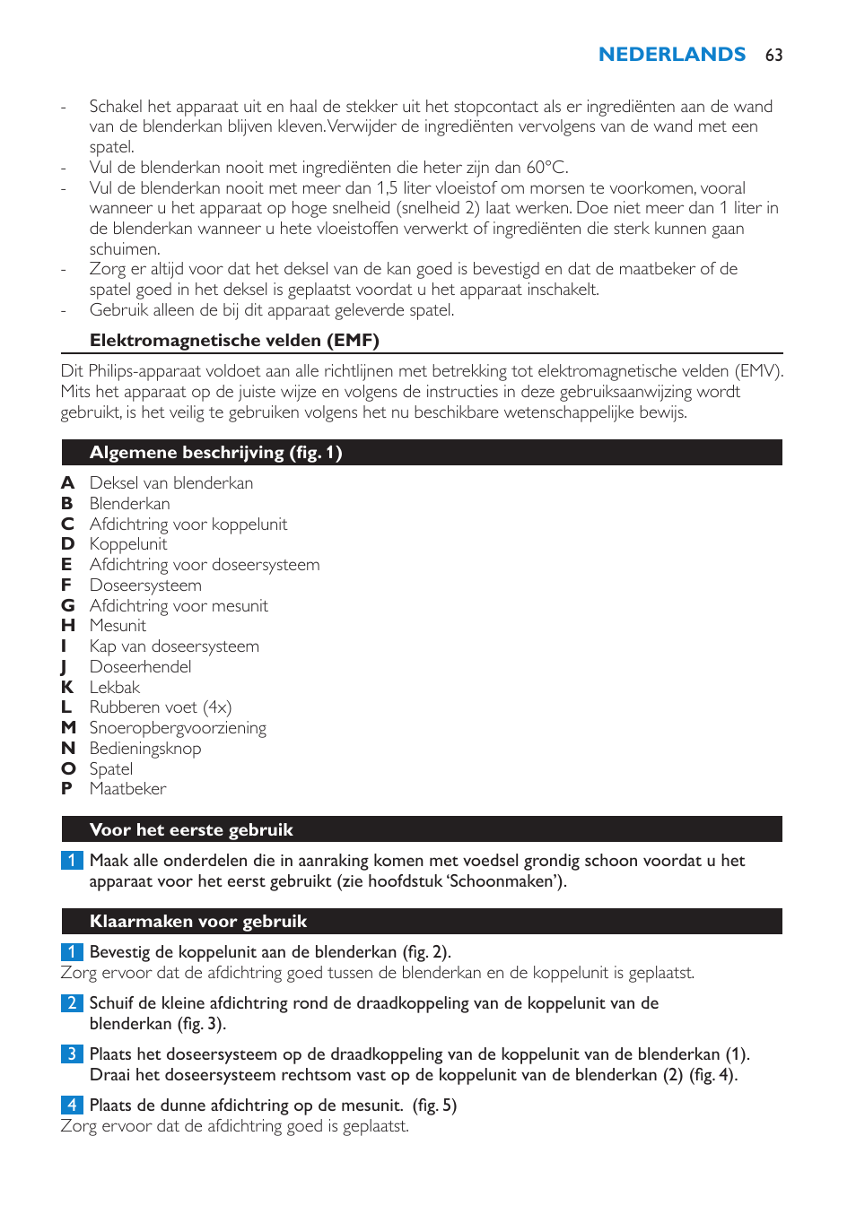 Elektromagnetische velden (emf), Algemene beschrijving (fig. 1), Voor het eerste gebruik | Klaarmaken voor gebruik | Philips Batidora User Manual | Page 63 / 100