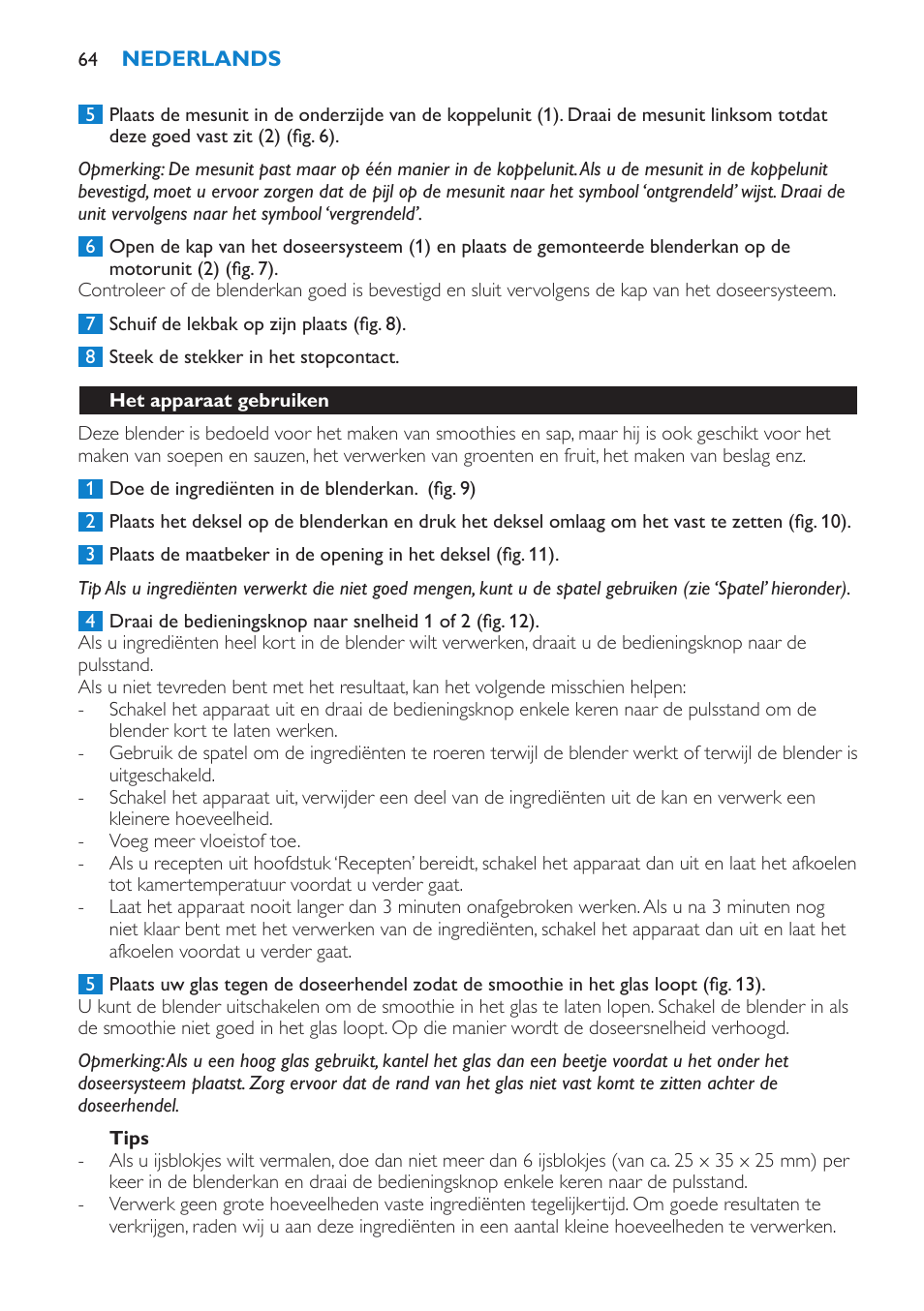 Tips, Het apparaat gebruiken | Philips Batidora User Manual | Page 64 / 100