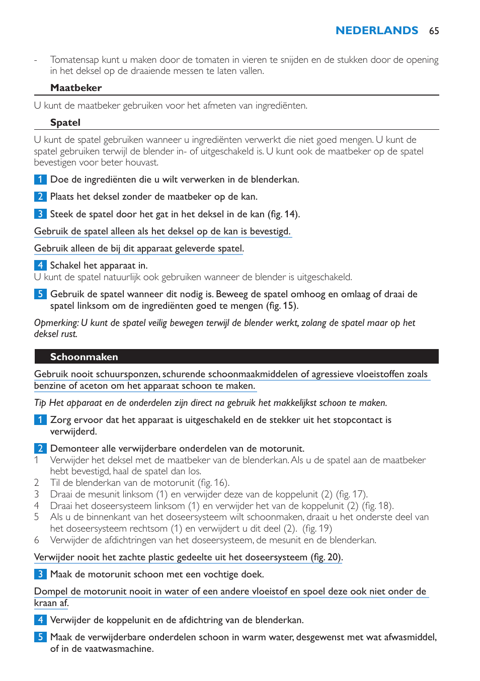 Maatbeker, Spatel, Schoonmaken | Philips Batidora User Manual | Page 65 / 100