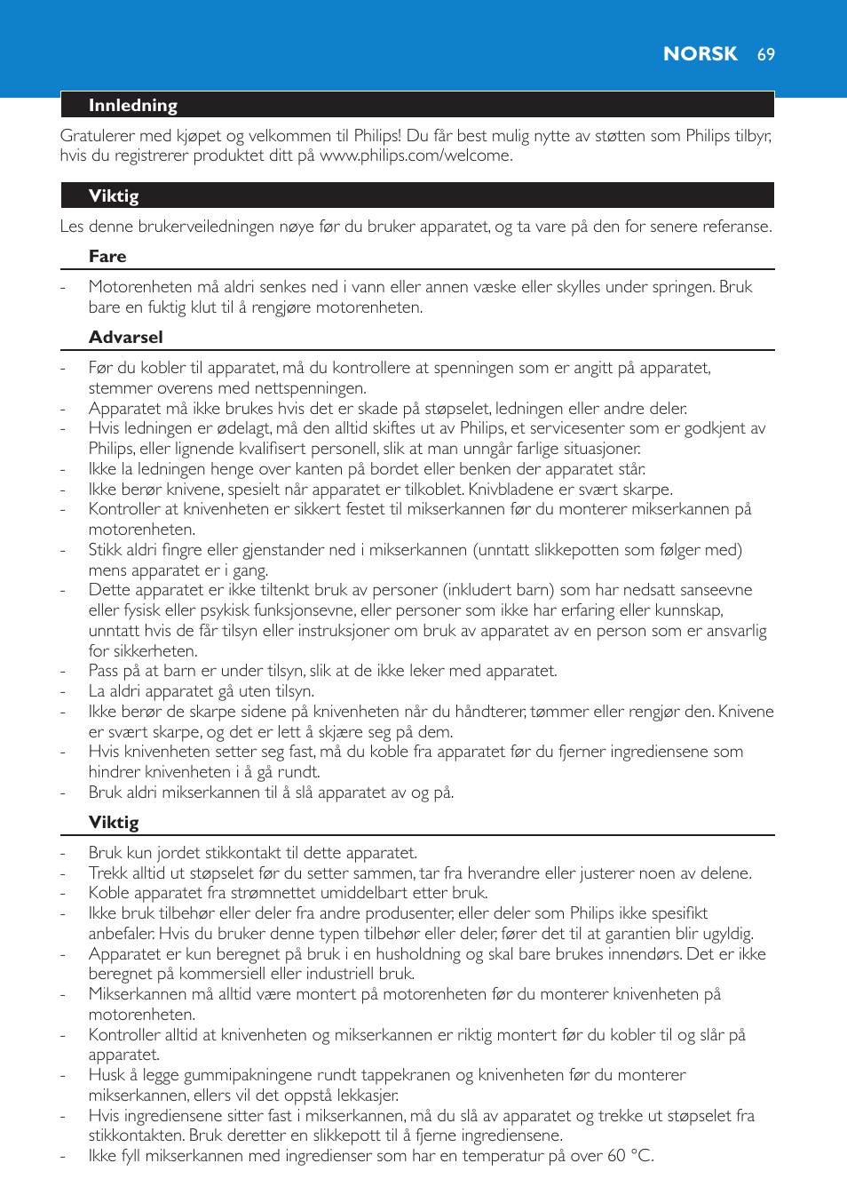 Norsk, Innledning, Viktig | Fare, Advarsel | Philips Batidora User Manual | Page 69 / 100