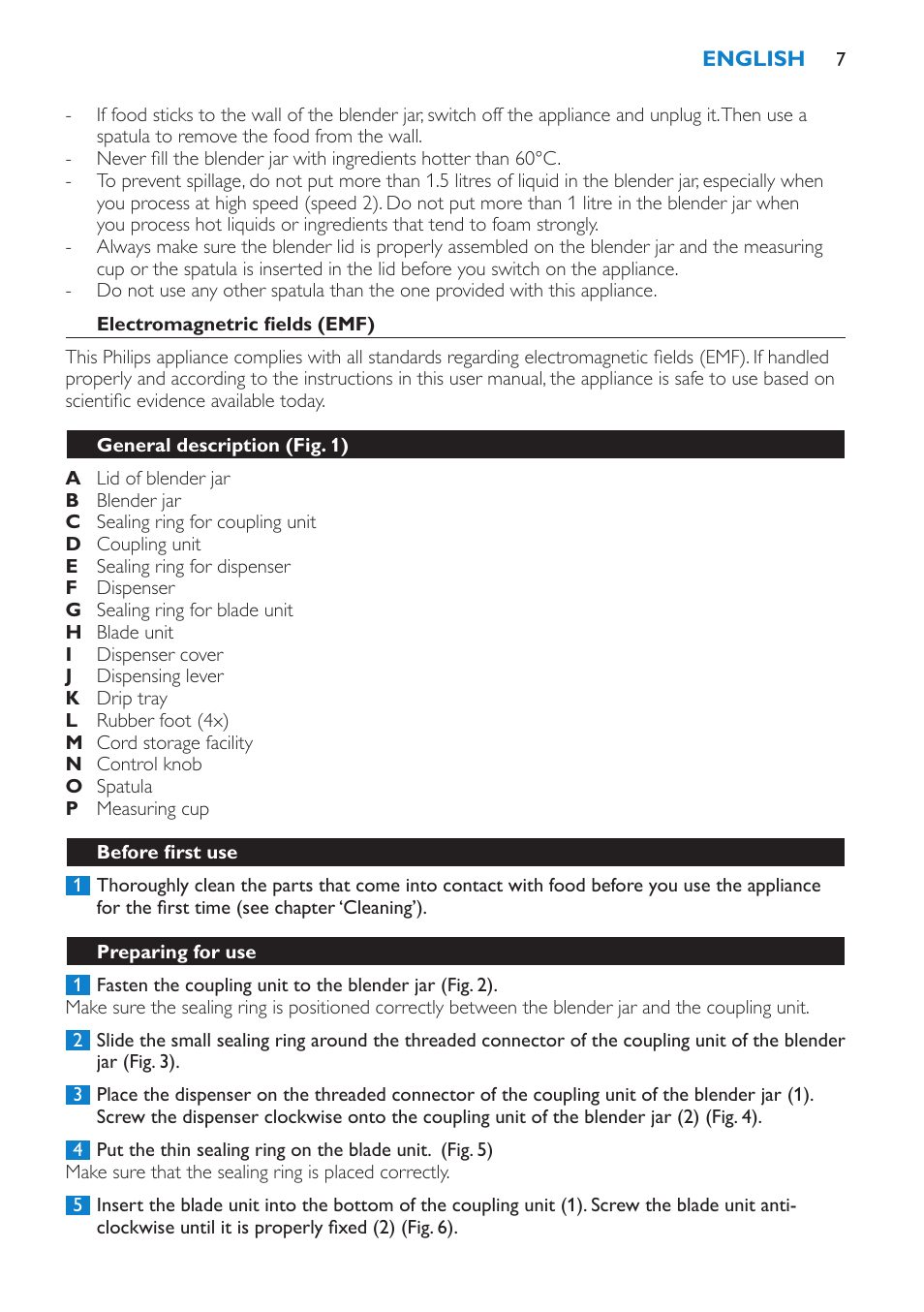 Electromagnetric fields (emf), General description (fig. 1), Before first use | Preparing for use | Philips Batidora User Manual | Page 7 / 100