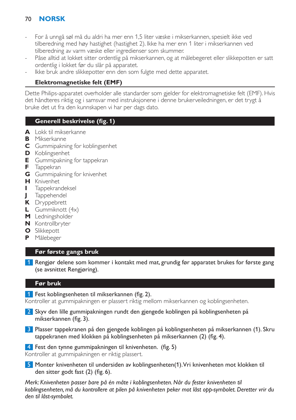 Elektromagnetiske felt (emf), Generell beskrivelse (fig. 1), Før første gangs bruk | Før bruk | Philips Batidora User Manual | Page 70 / 100