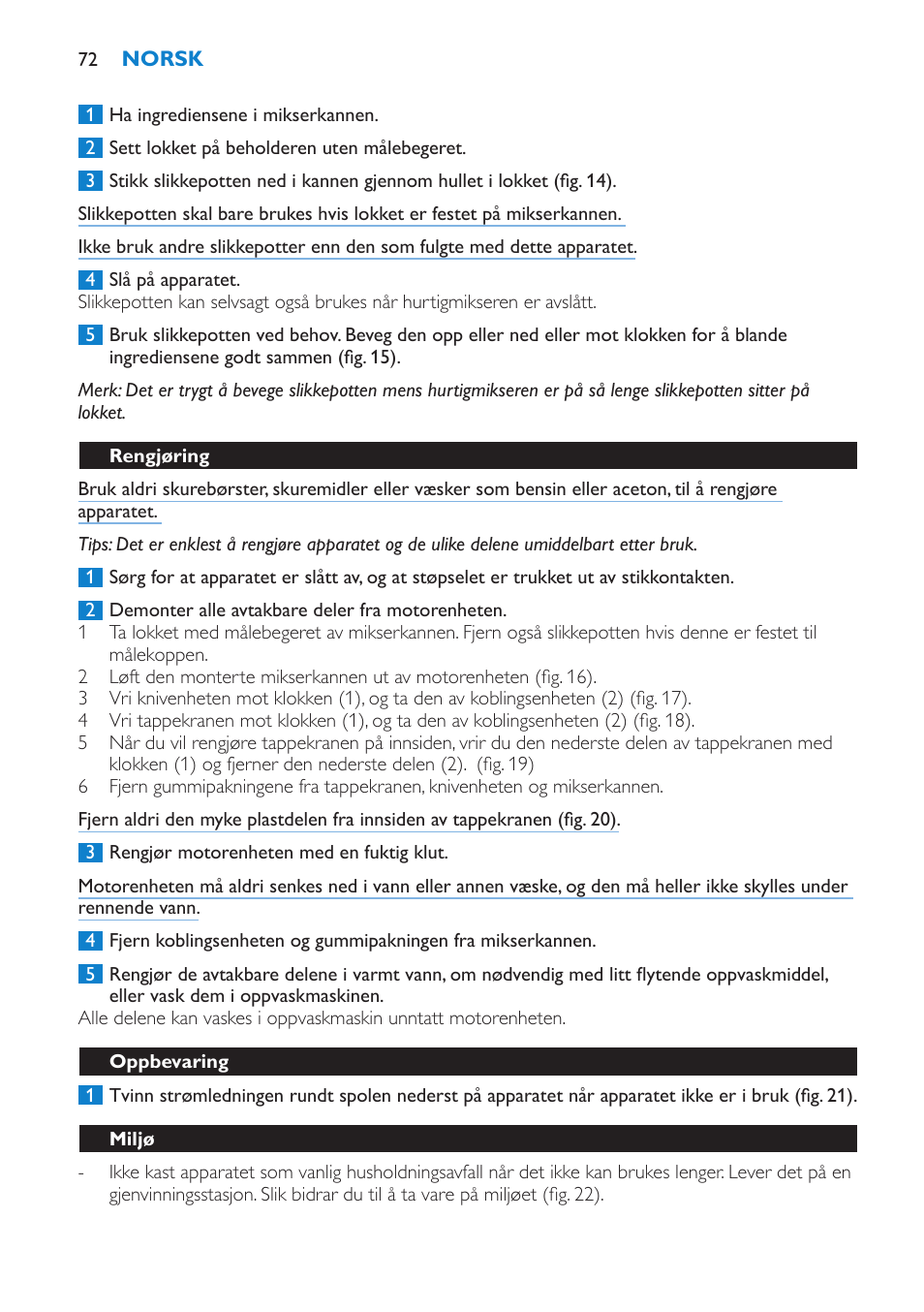 Rengjøring, Oppbevaring, Miljø | Philips Batidora User Manual | Page 72 / 100