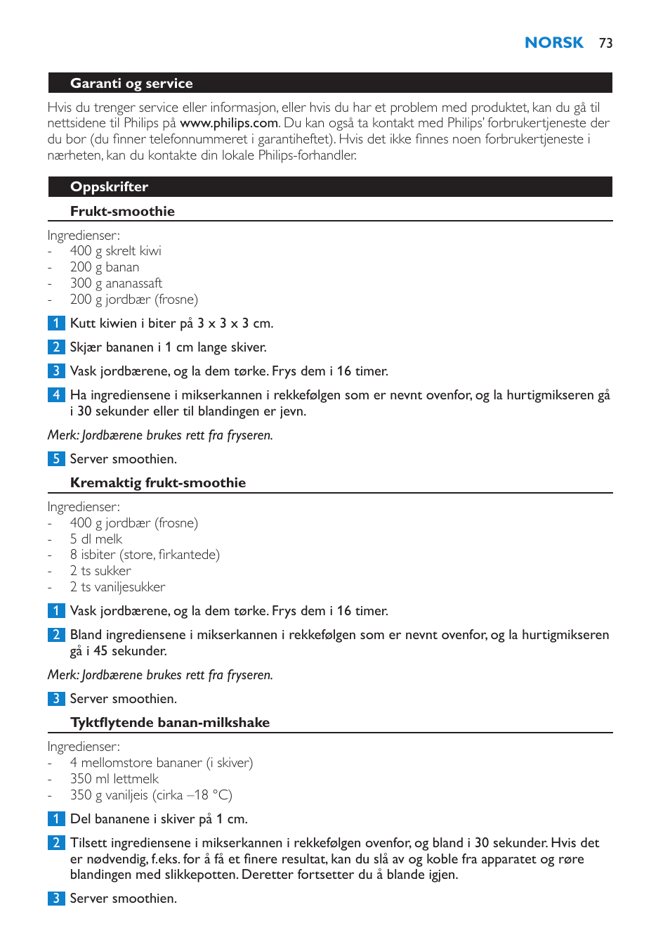 Garanti og service, Oppskrifter, Frukt-smoothie | Kremaktig frukt-smoothie, Tyktflytende banan-milkshake | Philips Batidora User Manual | Page 73 / 100