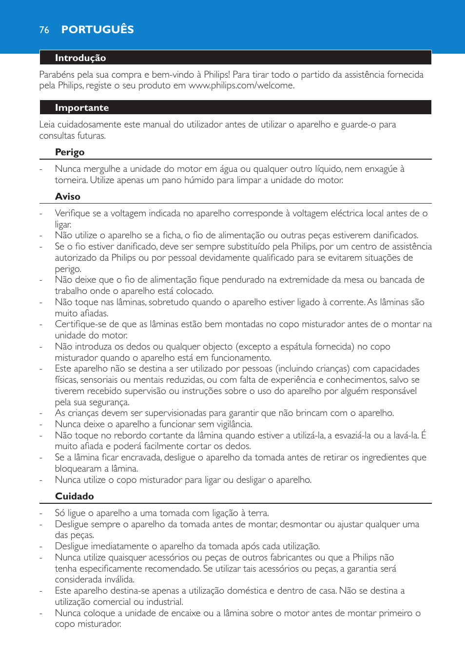 Português, Introdução, Importante | Perigo, Aviso, Cuidado | Philips Batidora User Manual | Page 76 / 100