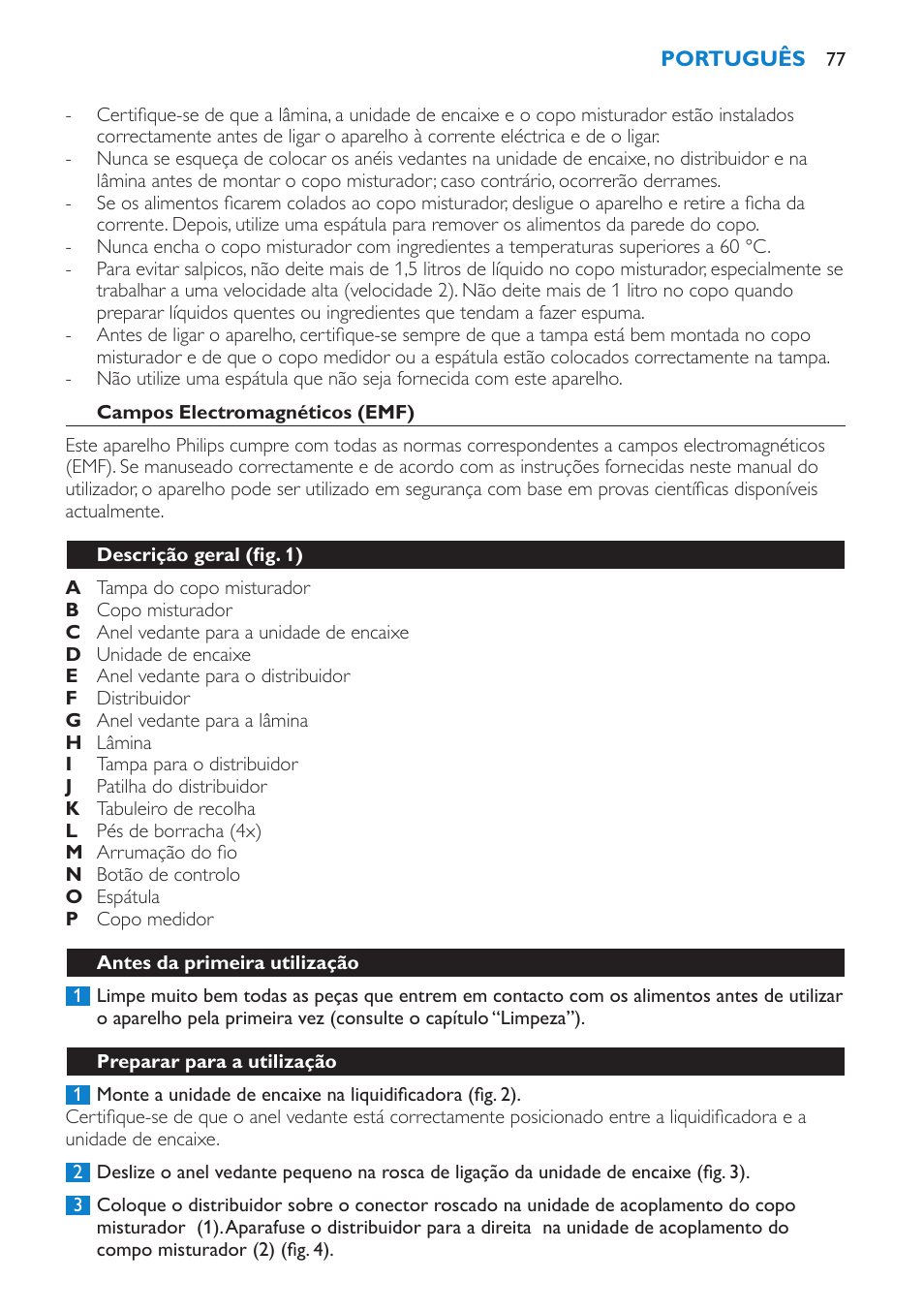 Campos electromagnéticos (emf), Descrição geral (fig. 1), Antes da primeira utilização | Preparar para a utilização | Philips Batidora User Manual | Page 77 / 100
