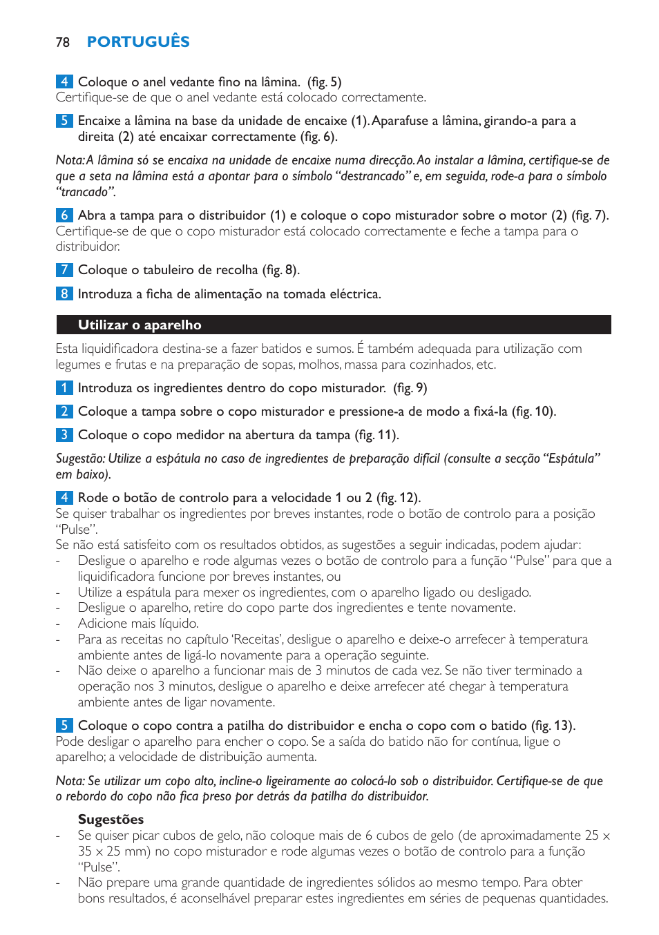 Sugestões, Utilizar o aparelho | Philips Batidora User Manual | Page 78 / 100
