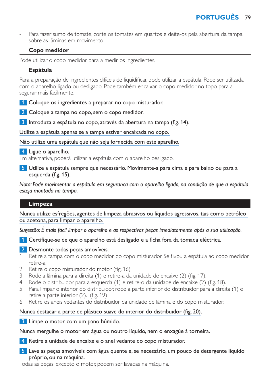 Copo medidor, Espátula, Limpeza | Philips Batidora User Manual | Page 79 / 100