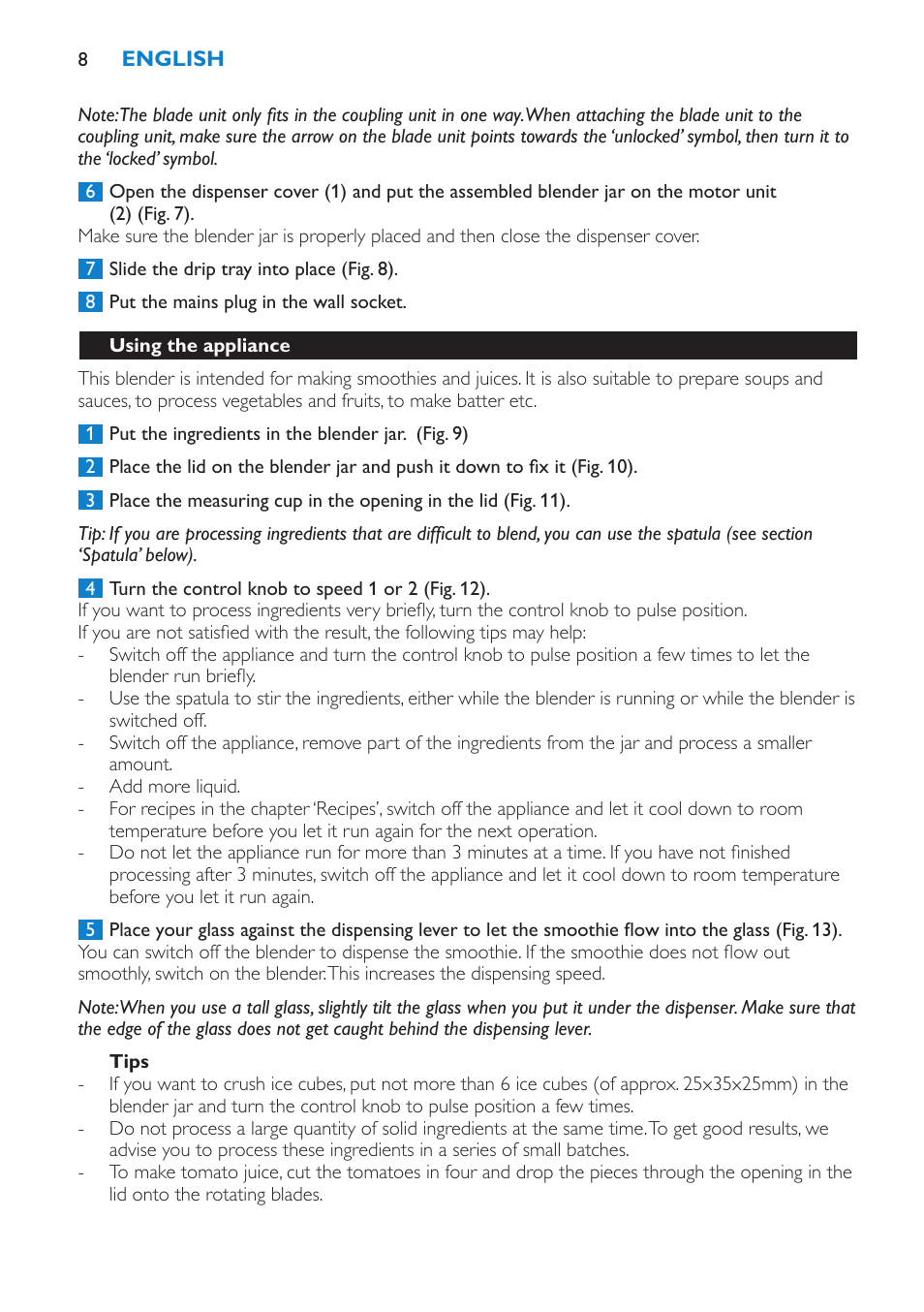 Tips, Using the appliance, Measuring cup | Philips Batidora User Manual | Page 8 / 100