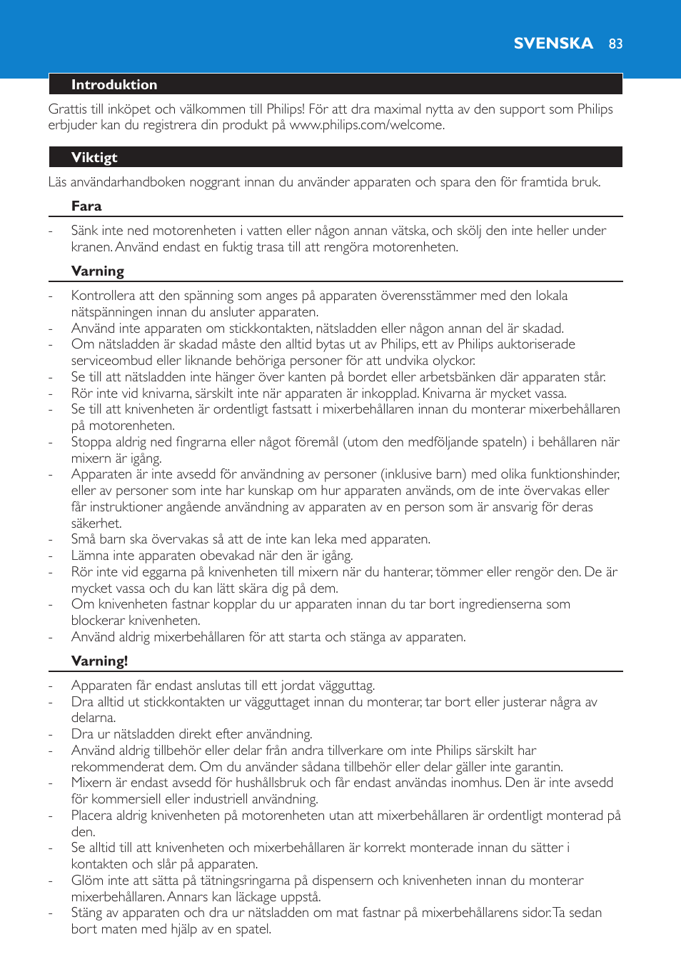 Svenska, Introduktion, Viktigt | Fara, Varning | Philips Batidora User Manual | Page 83 / 100