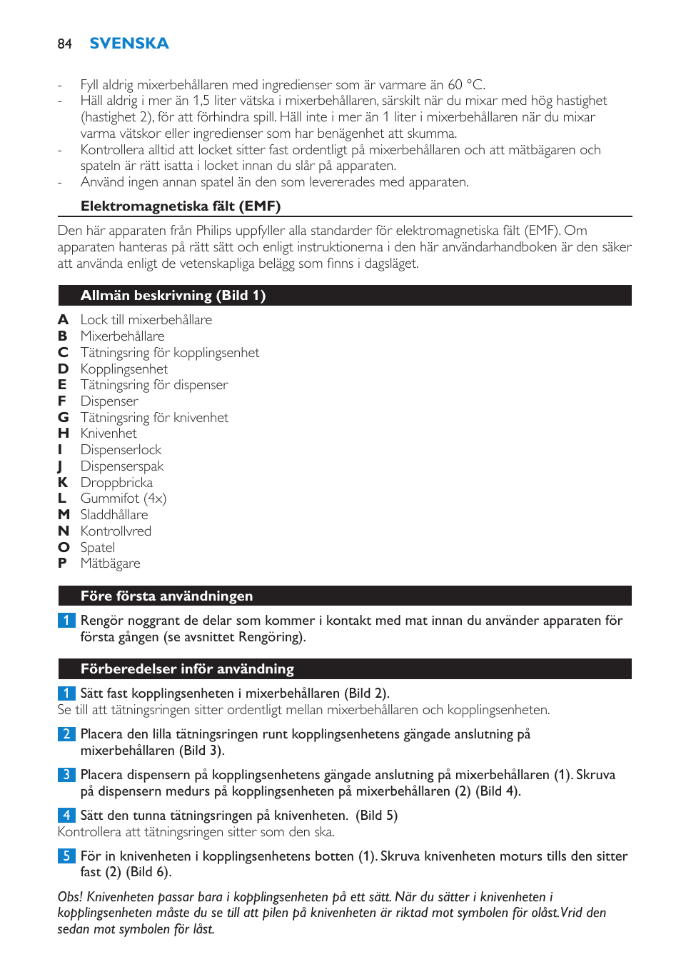 Elektromagnetiska fält (emf), Allmän beskrivning (bild 1), Före första användningen | Förberedelser inför användning | Philips Batidora User Manual | Page 84 / 100