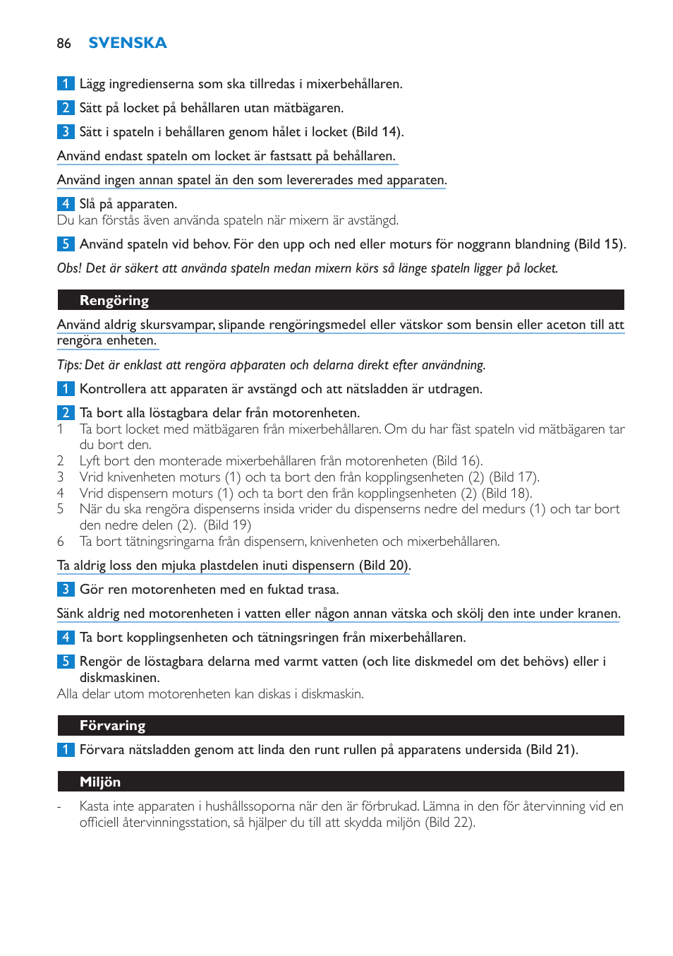 Rengöring, Förvaring, Miljön | Garanti och service | Philips Batidora User Manual | Page 86 / 100