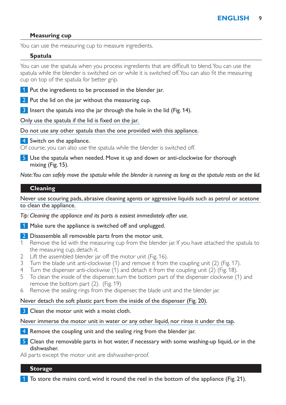 Spatula, Cleaning, Storage | Philips Batidora User Manual | Page 9 / 100